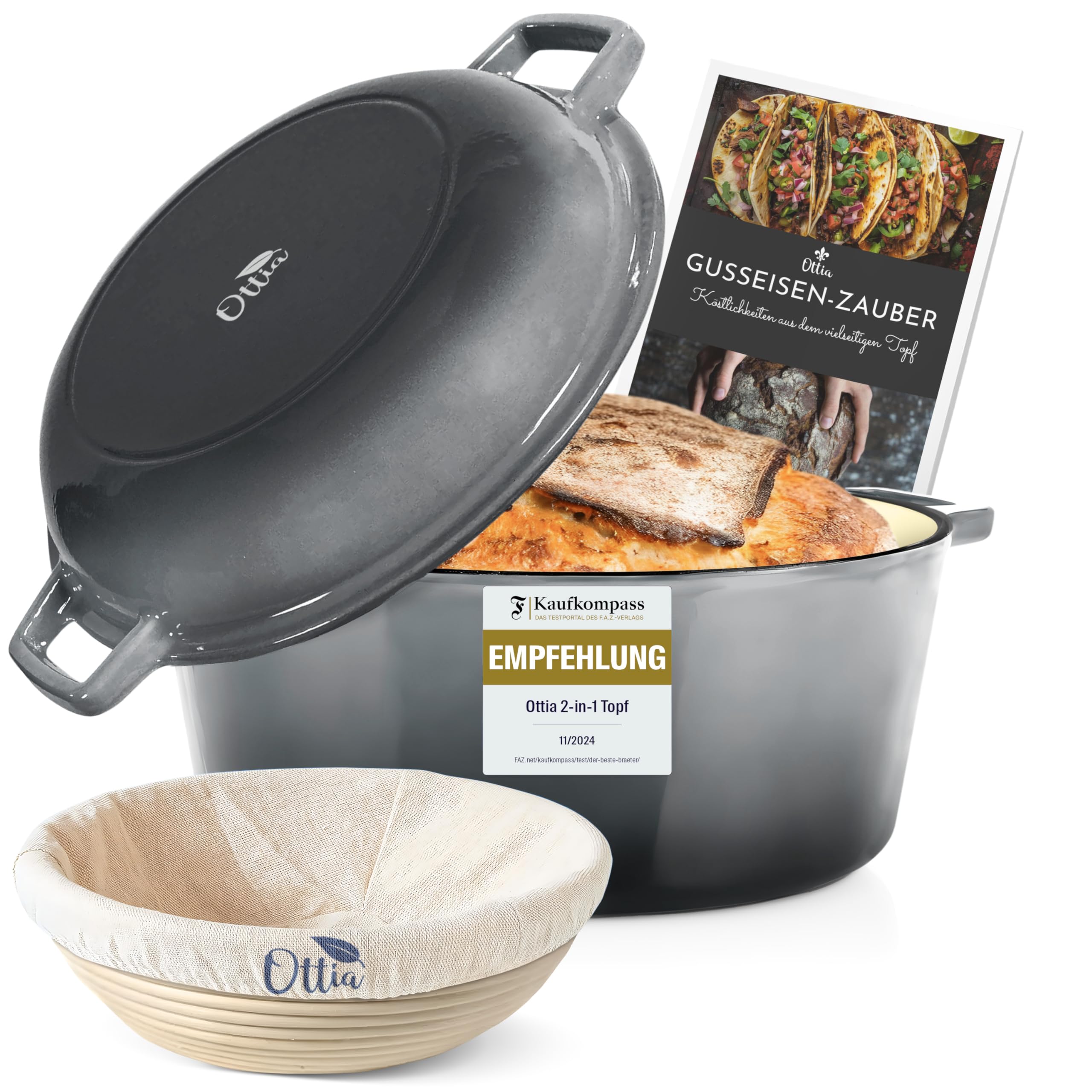 Emaillierter Gusseisen Topf, 26cm, mit Gärkorb, Deckel als Pfanne verw – Ottia Cookware