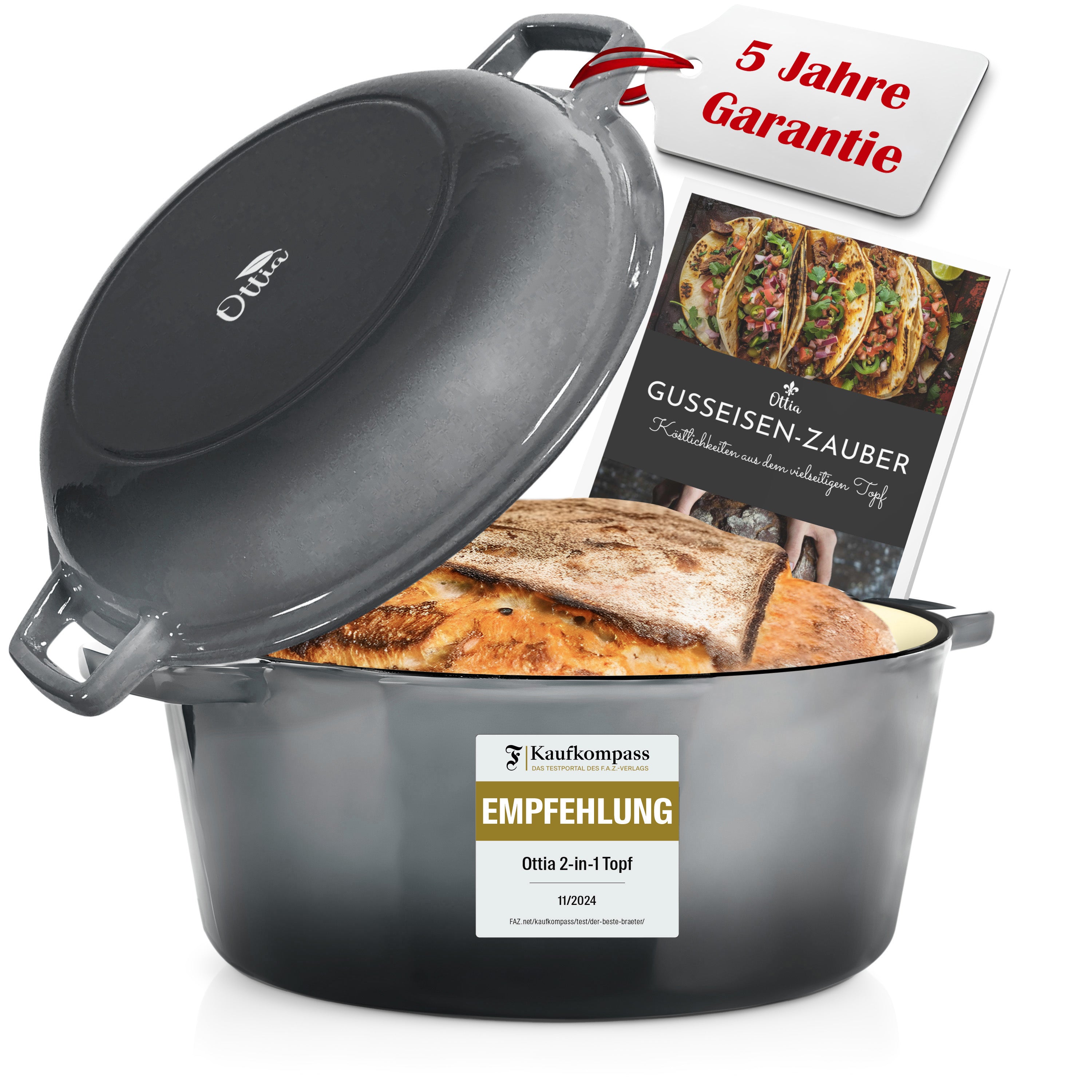 Emaillierter Gusseisen Topf, 26 cm, Deckel als Pfanne, ofenfest – Ottia Cookware