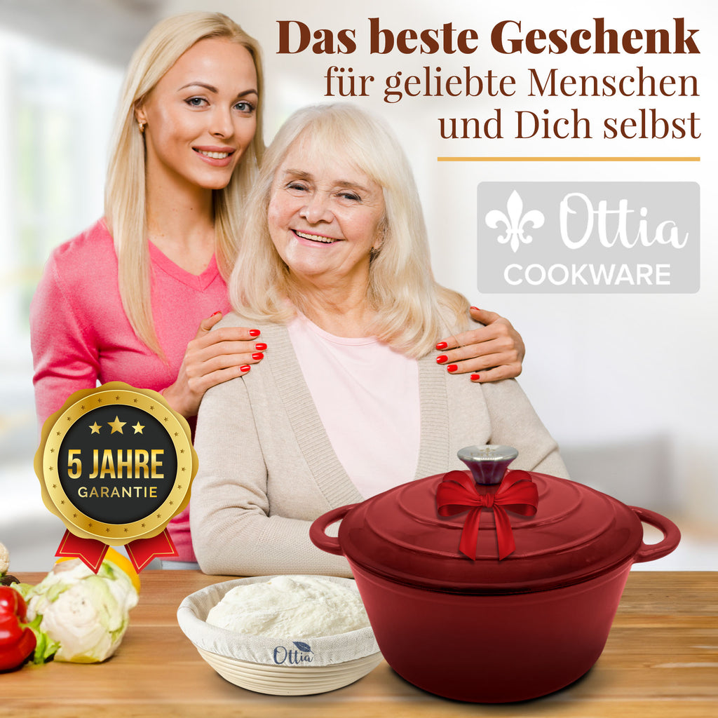 Gusseisen Topf, 26 cm, 5 Liter, mit Gärkorb. Ofenfest, Deckel mit Knauf und Aromanoppen