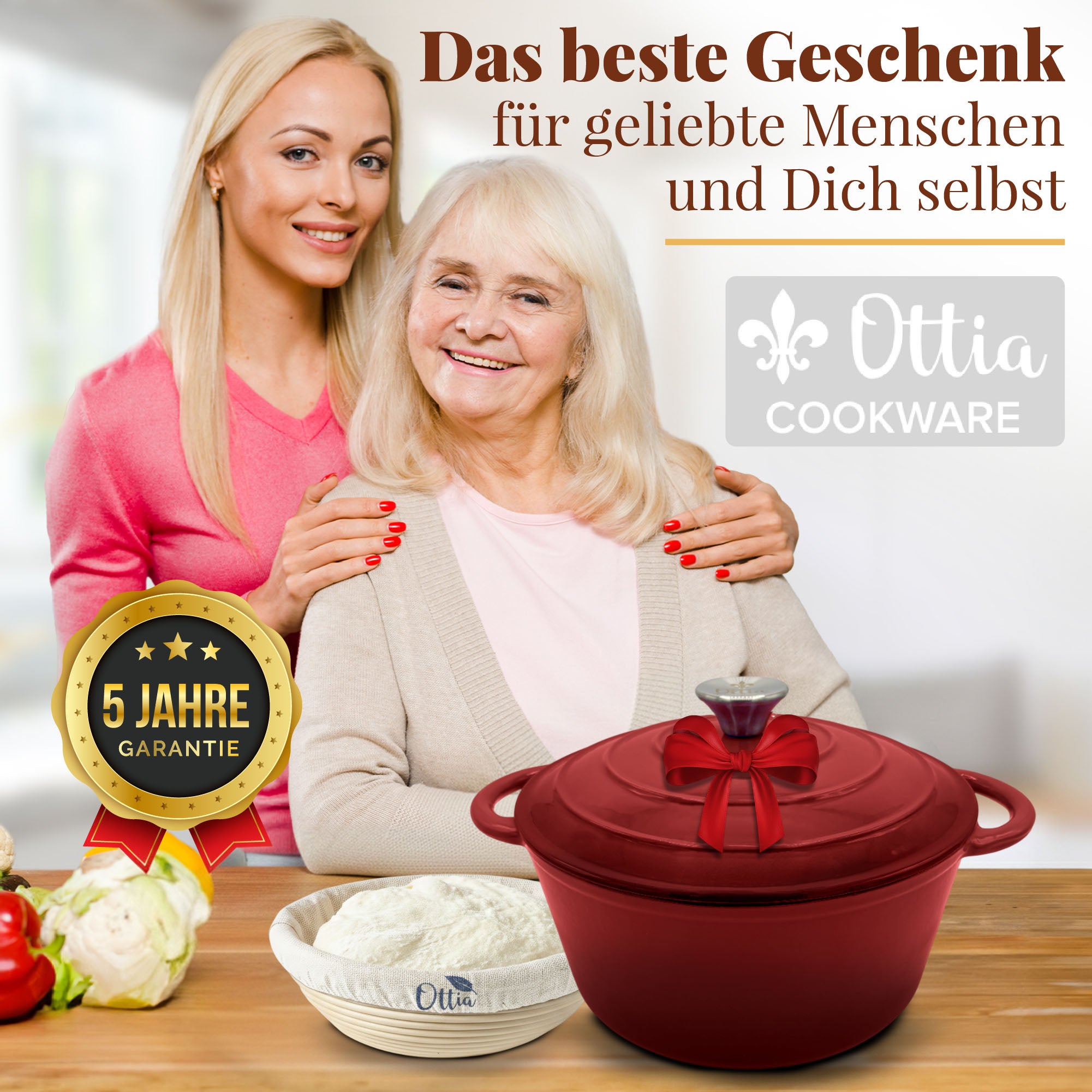 Gusseisen Topf, 26 cm, 5 Liter, mit Gärkorb. Ofenfest, Deckel mit Knauf und Aromanoppen