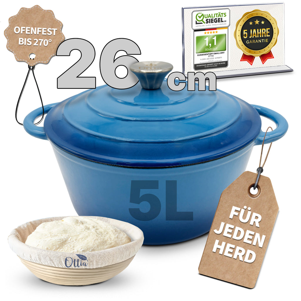 Gusseisen Topf, 26 cm, 5 Liter, mit Gärkorb. Ofenfest, Deckel mit Knauf und Aromanoppen