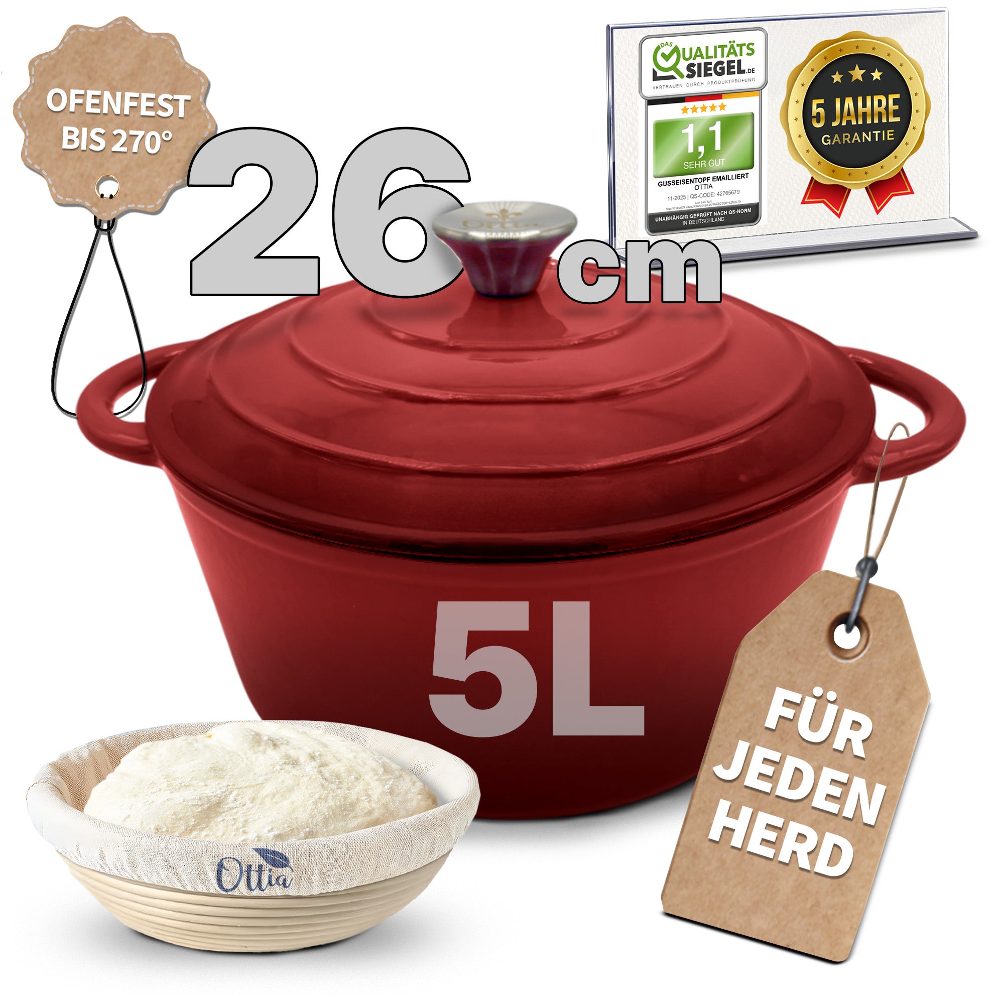Gusseisen Topf, 26 cm, 5 Liter, mit Gärkorb. Ofenfest, Deckel mit Knauf und Aromanoppen