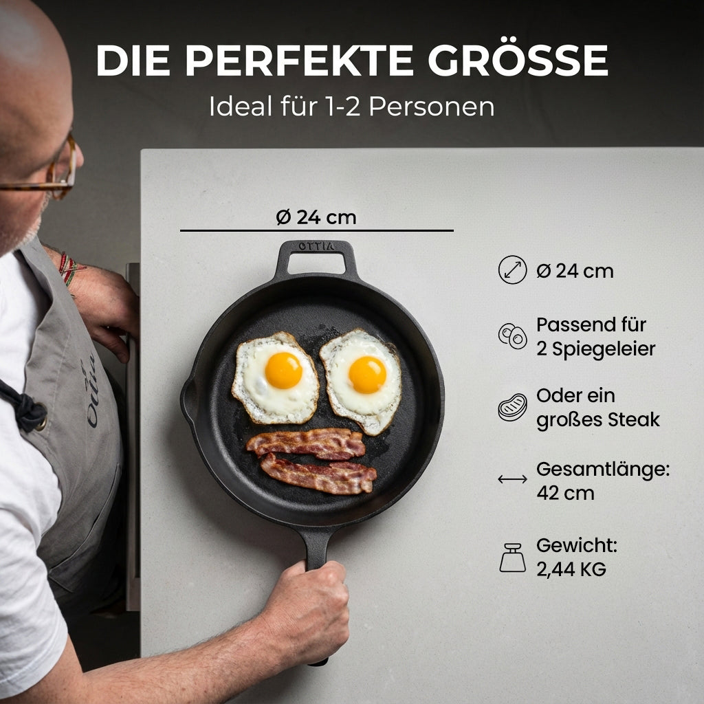 Reine Gusseisenpfanne 24cm mit eKochbuch, Pfannenwender, Hitzeschutz