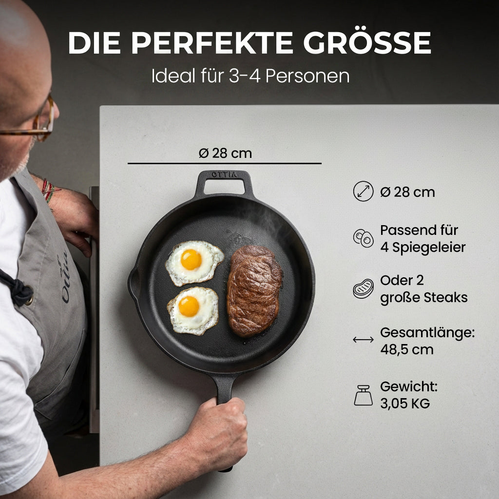 Reine geschliffene Gusseisenpfanne 28cm mit eKochbuch, Pfannenwender, Hitzeschutz
