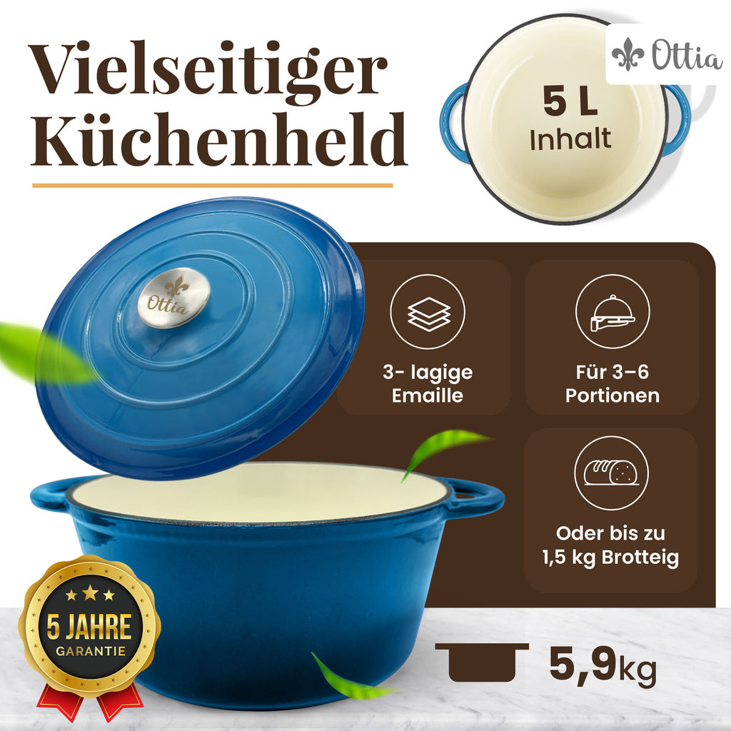 Gusseisen Topf, 26 cm, 5 Liter, mit Gärkorb. Ofenfest, Deckel mit Knauf und Aromanoppen