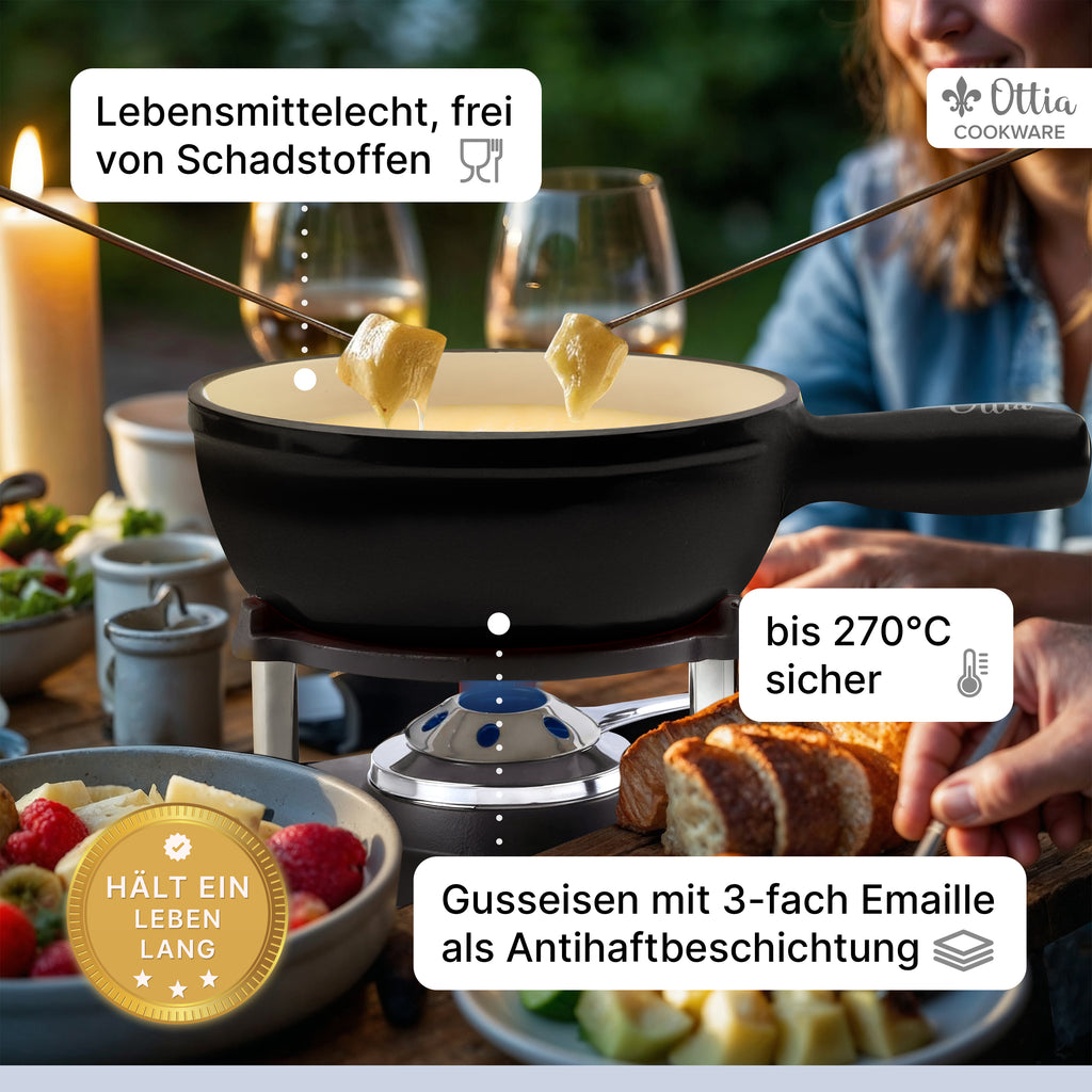 Gusseisen Fondue Set für 2-6 Personen, 3-lagige Emaille, Schadstofffrei, 10-teilig