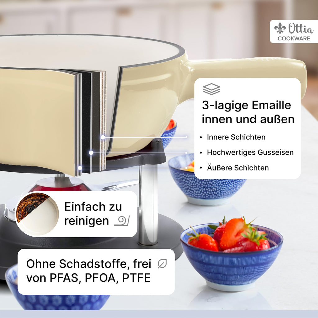 Gusseisen Fondue Set für 2-6 Personen, 3-lagige Emaille, Schadstofffrei, 10-teilig