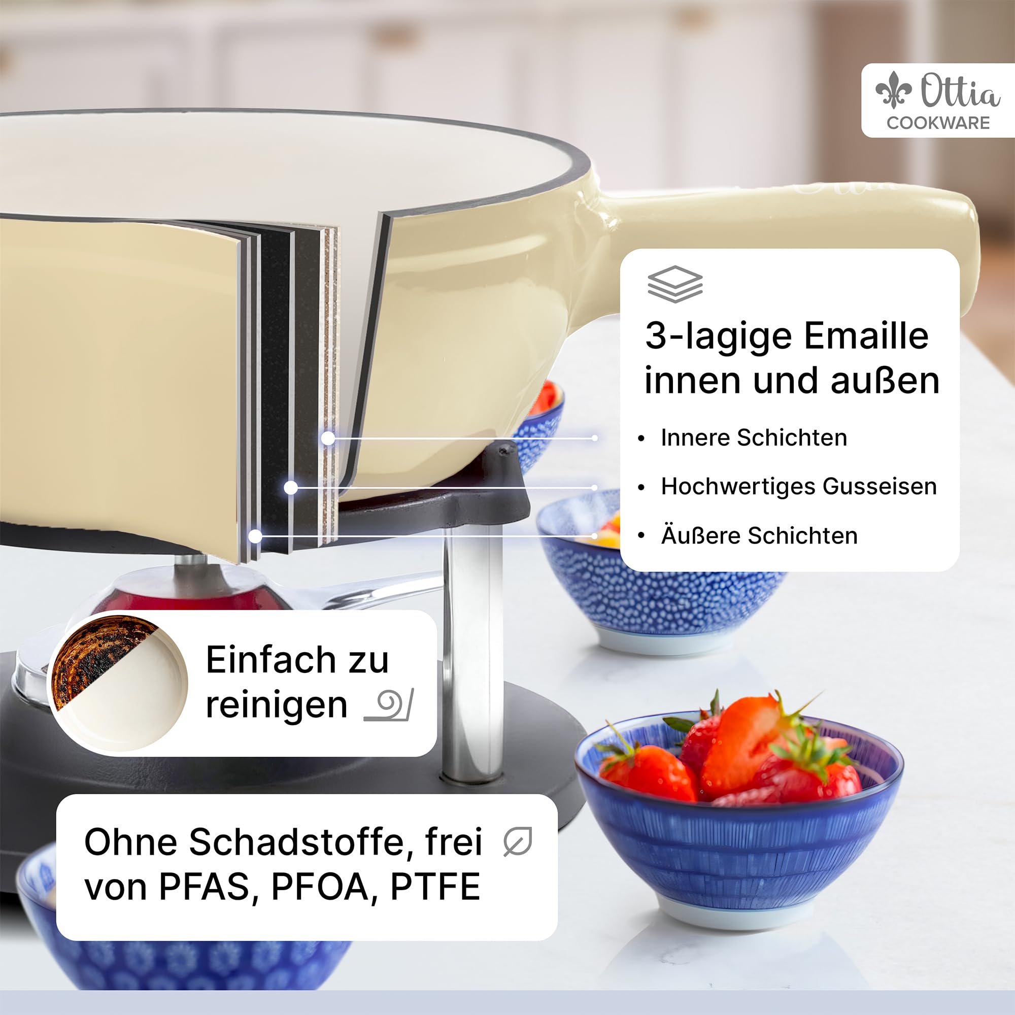Gusseisen Fondue Set für 2-6 Personen, 3-lagige Emaille, Schadstofffrei, 10-teilig