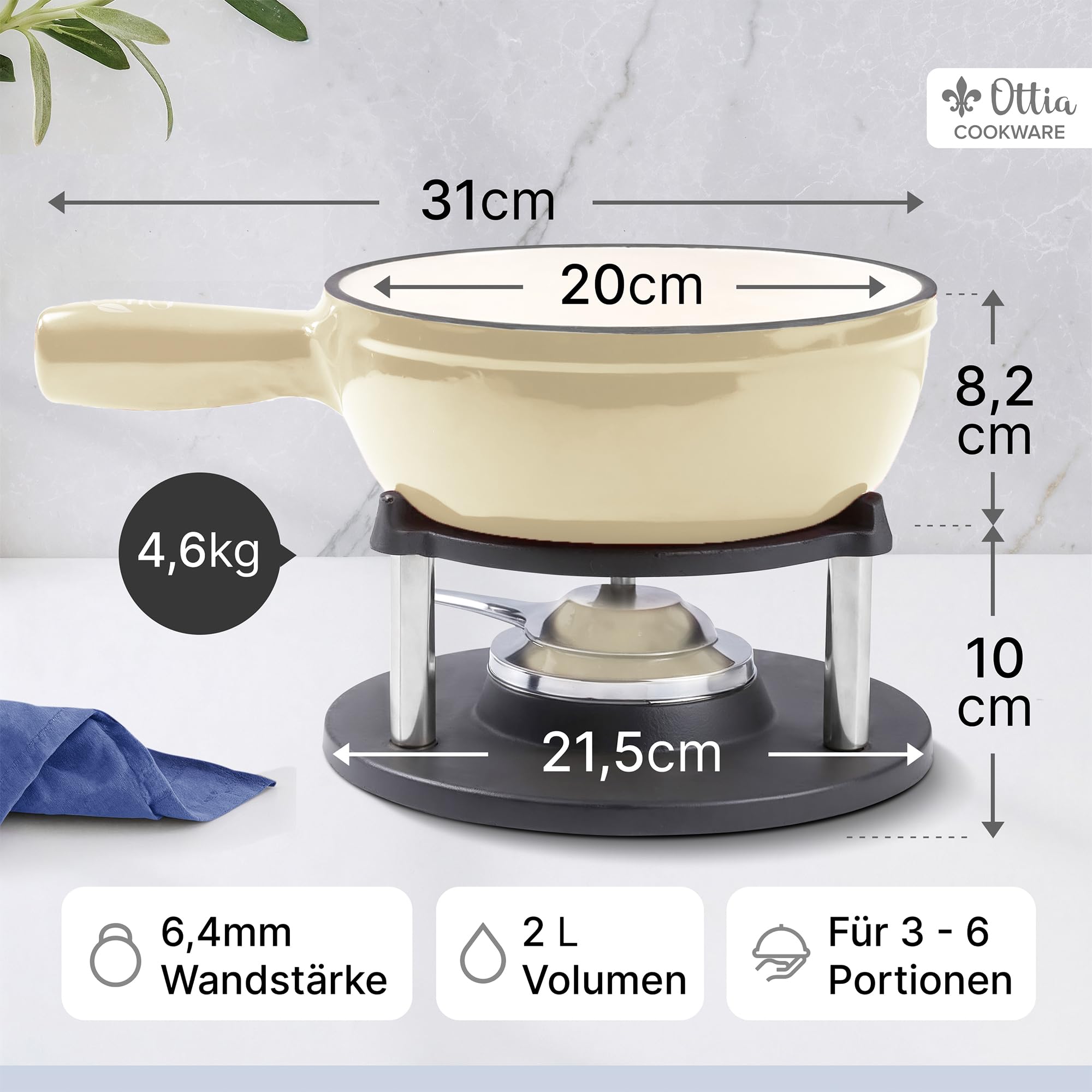 Gusseisen Fondue Set für 2-6 Personen, 3-lagige Emaille, Schadstofffrei, 10-teilig