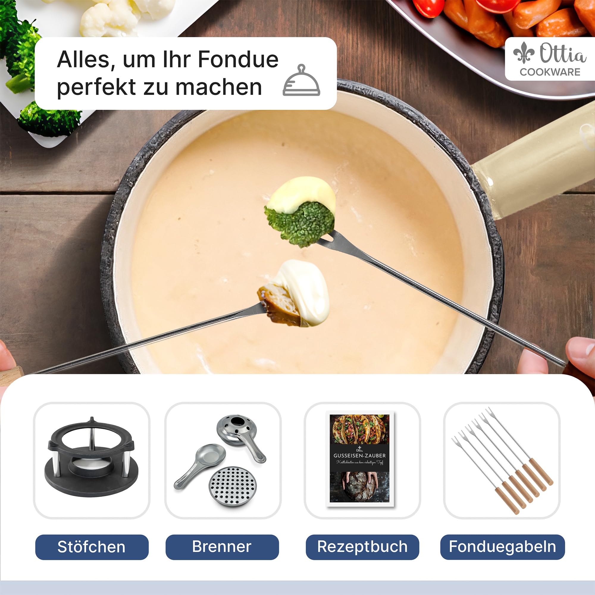 Gusseisen Fondue Set für 2-6 Personen, 3-lagige Emaille, Schadstofffrei, 10-teilig