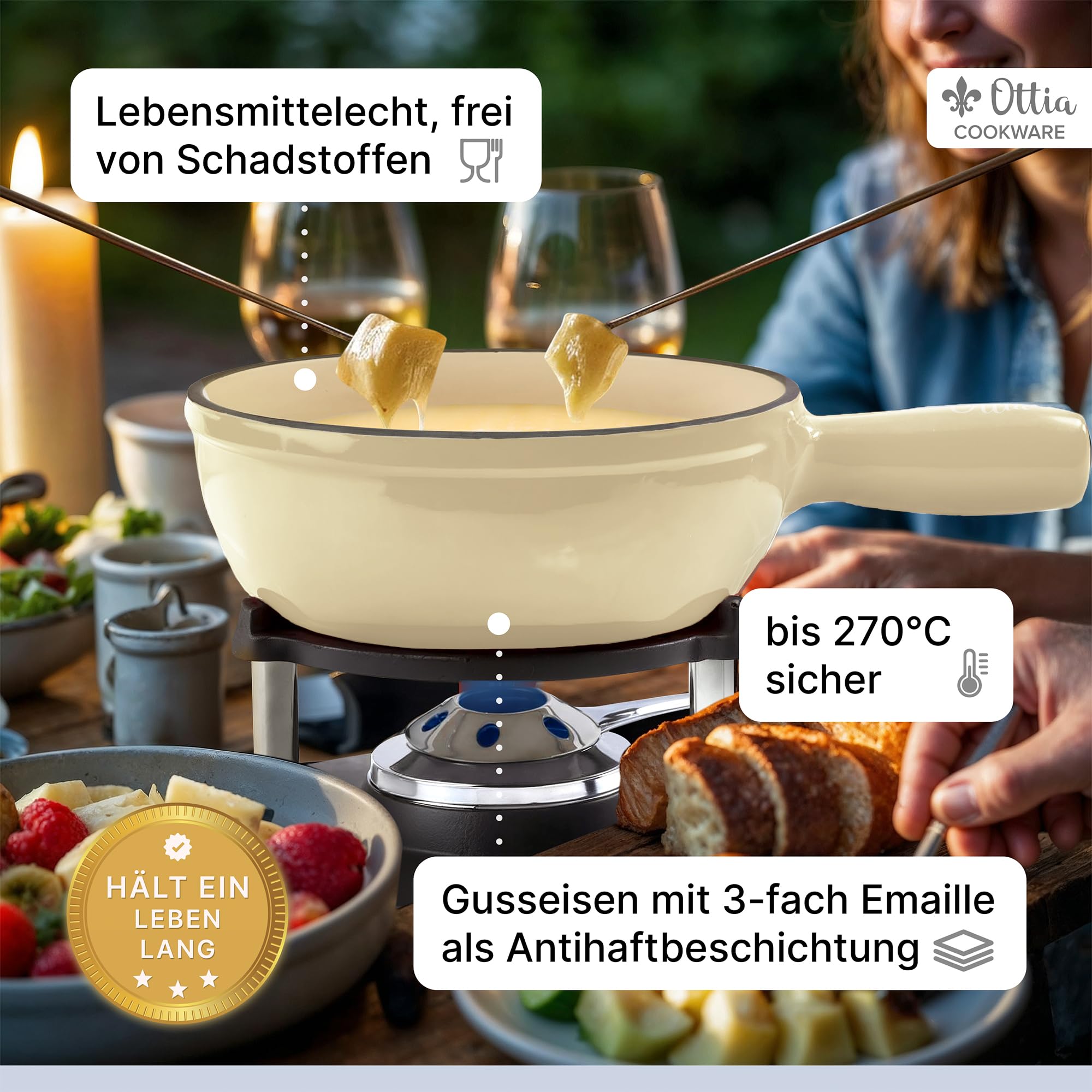 Gusseisen Fondue Set für 2-6 Personen, 3-lagige Emaille, Schadstofffrei, 10-teilig