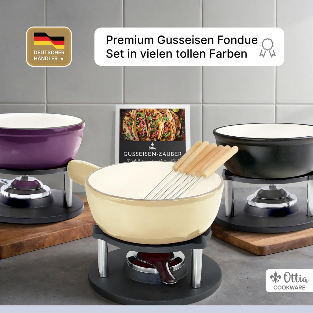 Gusseisen Fondue Set für 2-6 Personen, 3-lagige Emaille, Schadstofffrei, 10-teilig