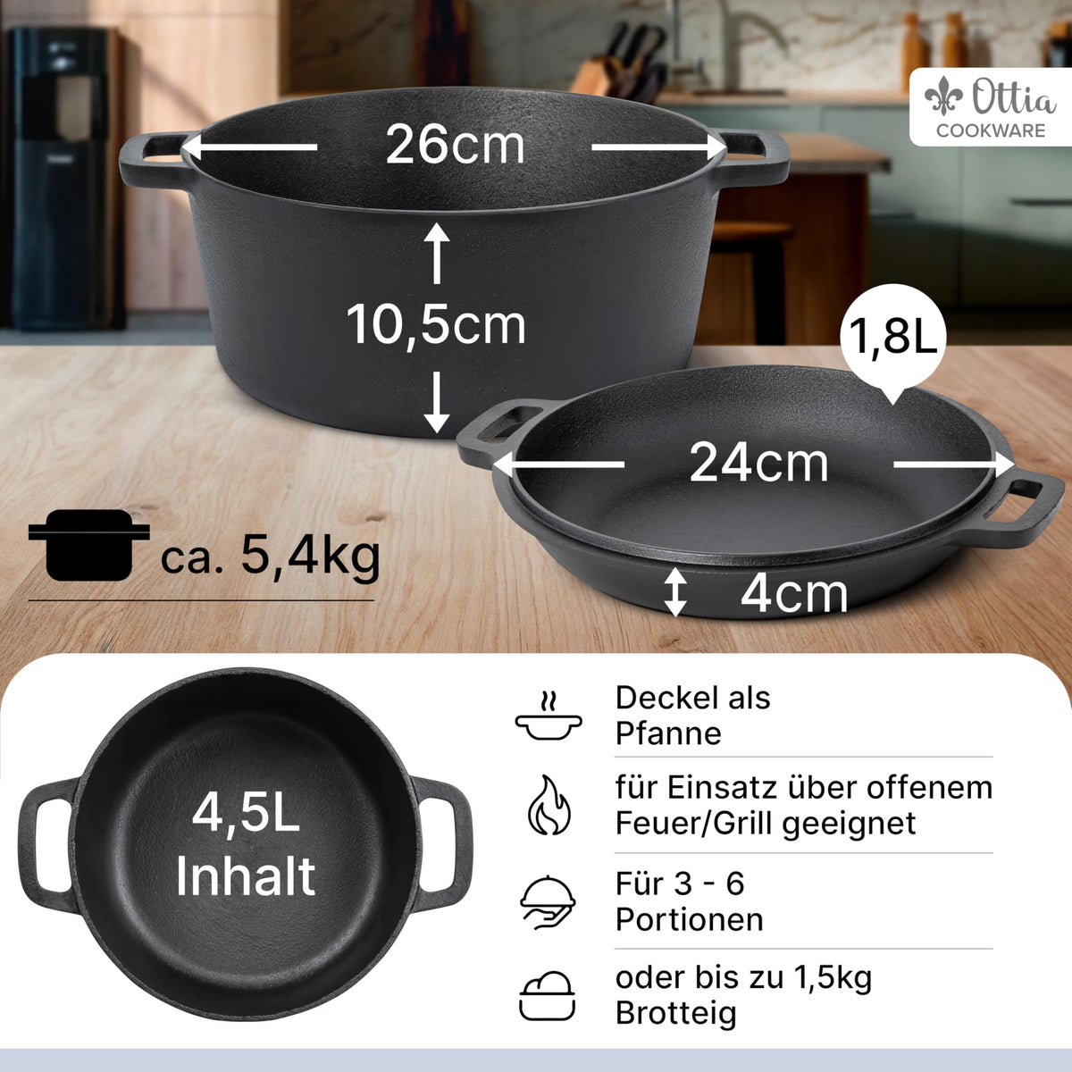 Reiner Gusseisen Topf, mit Gärkorb, 26cm Durchmesser, Deckel als Pfann – Ottia Cookware
