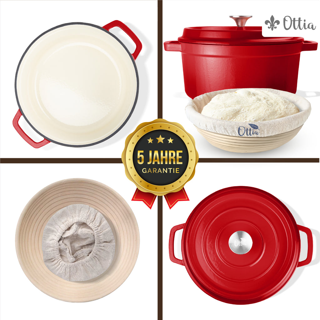 Gusseisen Topf, 26 cm, 5 Liter, mit Gärkorb. Ofenfest, Deckel mit Knauf und Aromanoppen