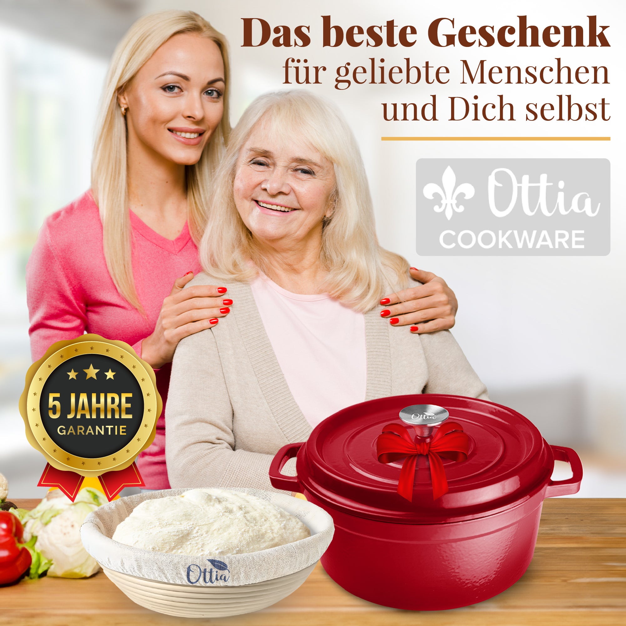 Gusseisen Topf, 26 cm, 5 Liter, mit Gärkorb. Ofenfest, Deckel mit Knauf und Aromanoppen