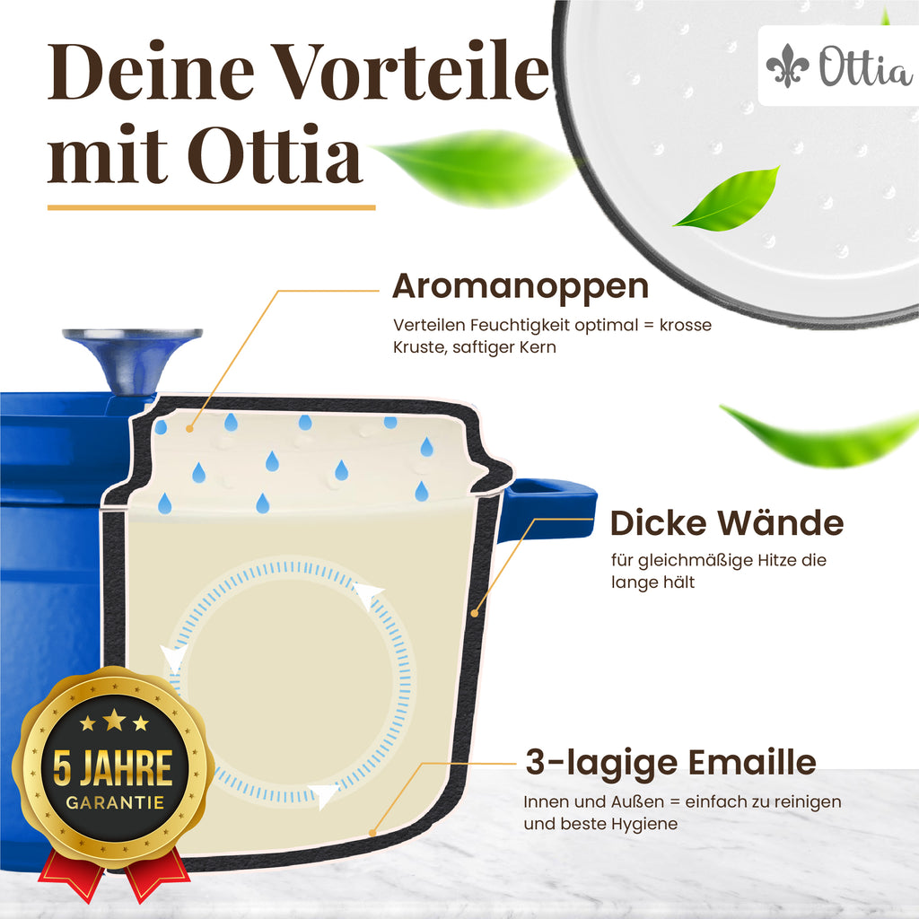 Gusseisen Topf, 26 cm, 5 Liter, mit Gärkorb. Ofenfest, Deckel mit Knauf und Aromanoppen