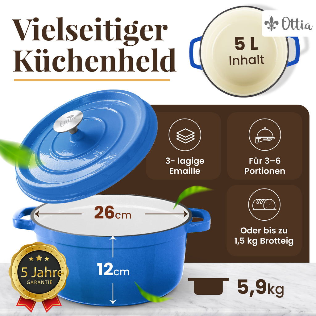 Gusseisen Topf, 26 cm, 5 Liter, mit Gärkorb. Ofenfest, Deckel mit Knauf und Aromanoppen