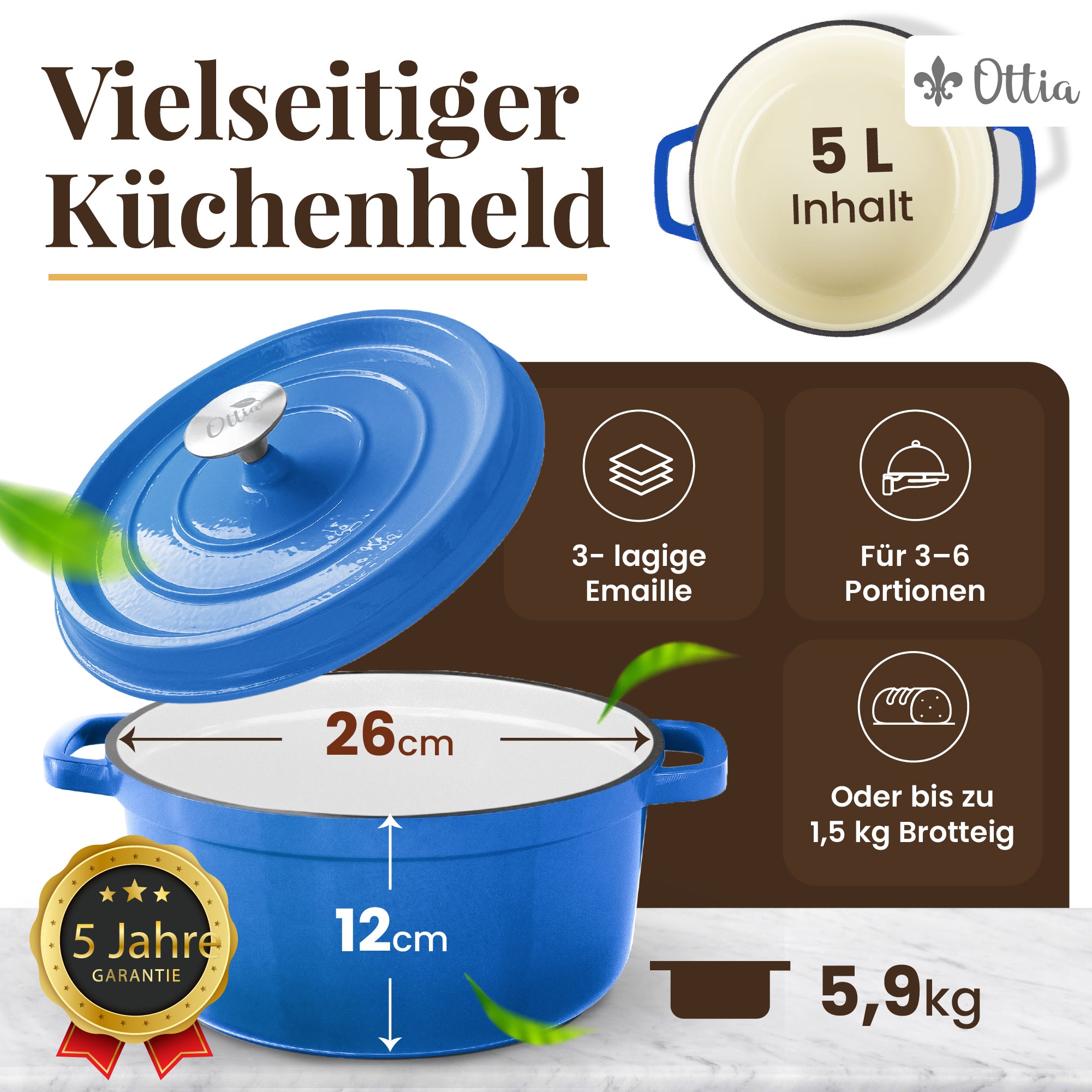 Gusseisen Topf, 26 cm, 5 Liter, mit Gärkorb. Ofenfest, Deckel mit Knauf und Aromanoppen