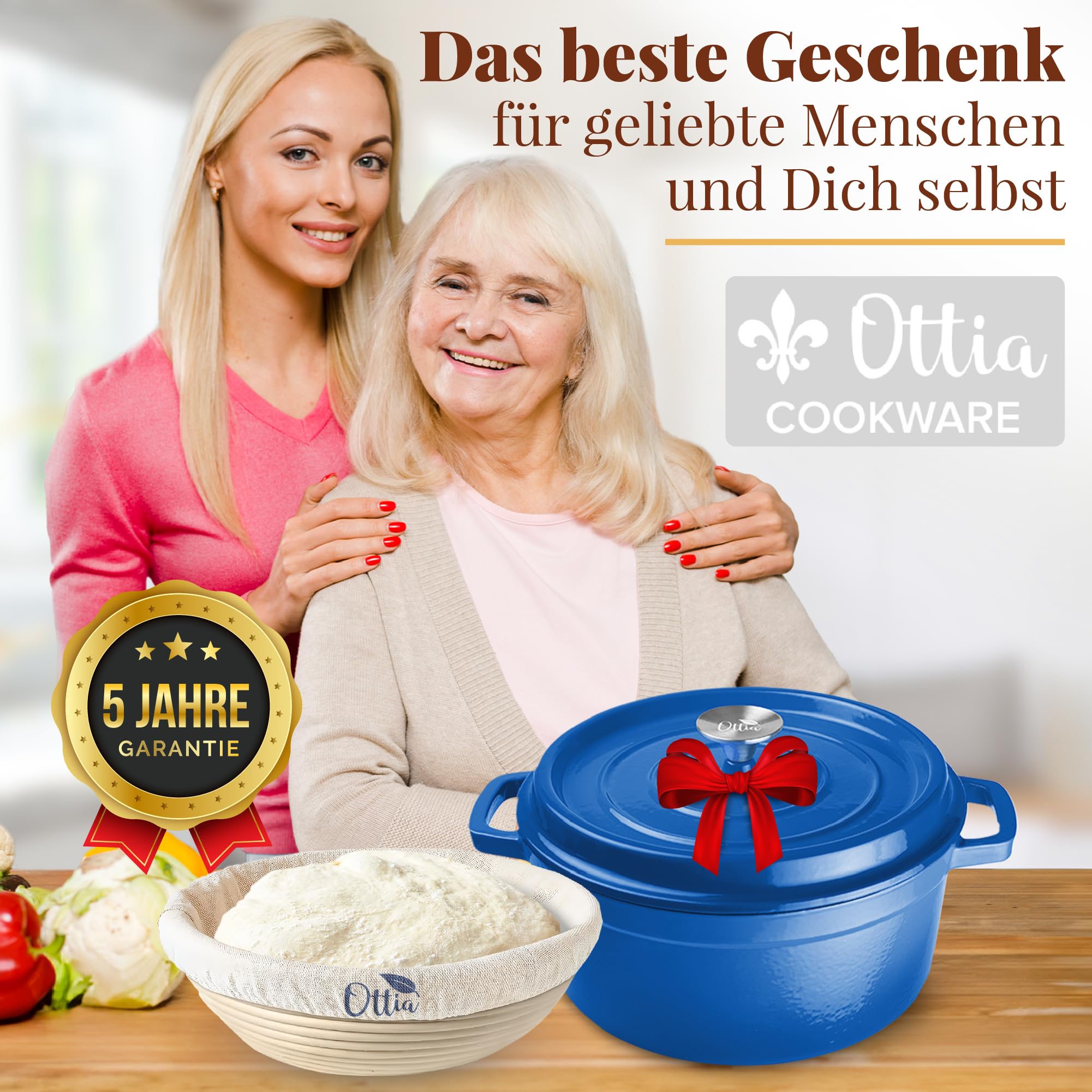 Gusseisen Topf, 26 cm, 5 Liter, mit Gärkorb. Ofenfest, Deckel mit Knauf und Aromanoppen