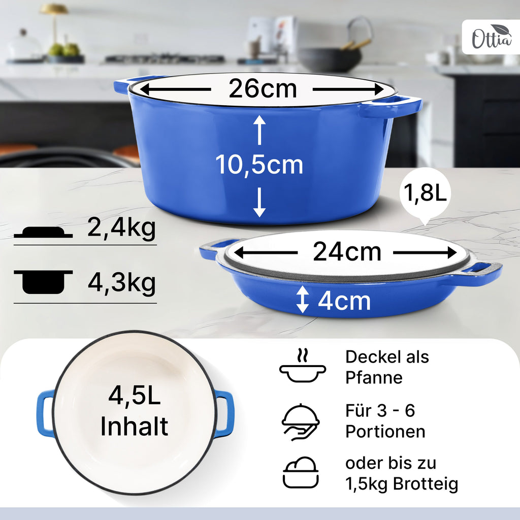 Emaillierter Gusseisen Topf, 26cm, mit Gärkorb, Deckel als Pfanne verwendbar