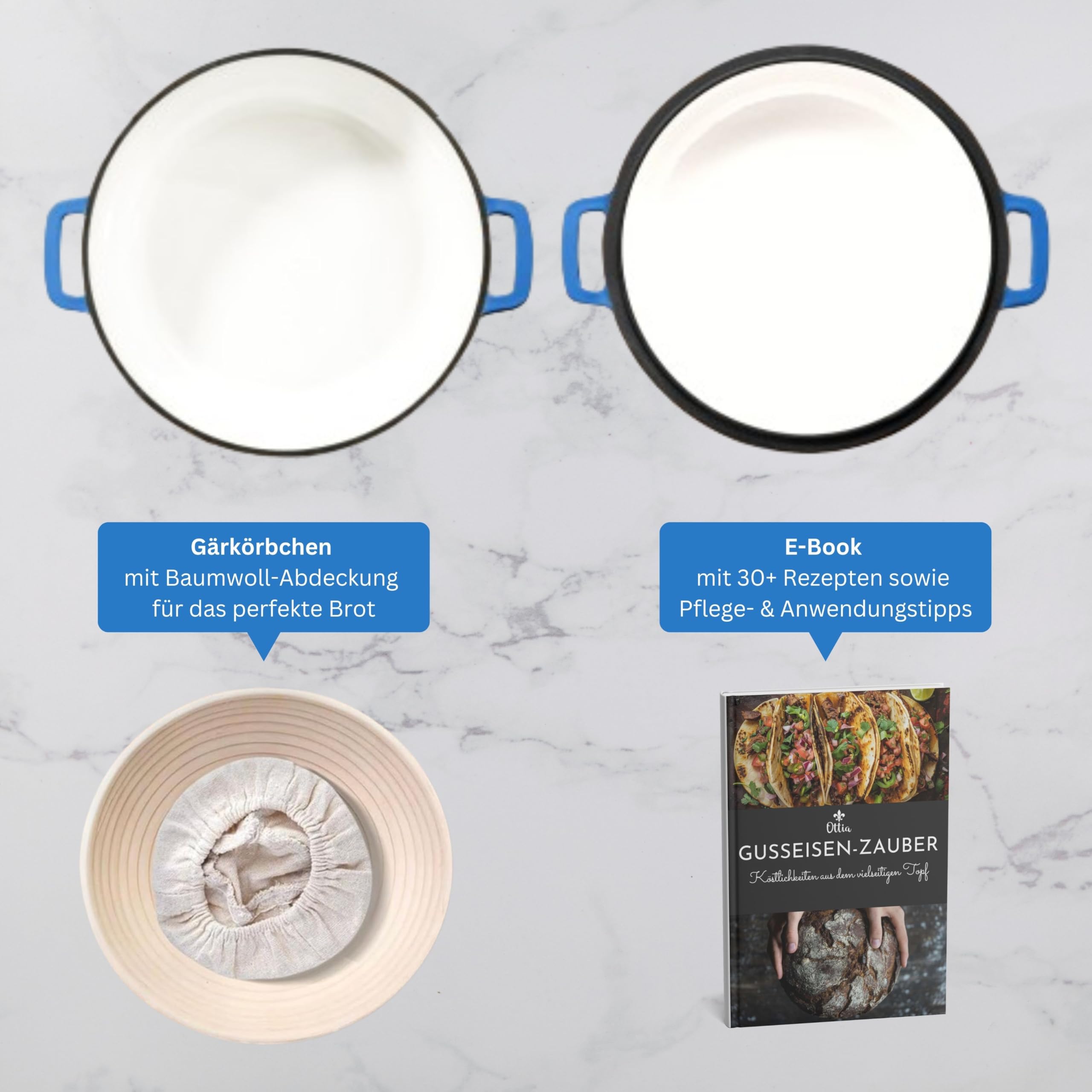 Emaillierter Gusseisen Topf, 26cm, mit Gärkorb, Deckel als Pfanne verwendbar