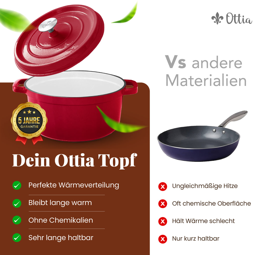 Emaillierter Gusseisen Topf, 26 cm, 5 Liter, ofenfest, Deckel mit Knauf