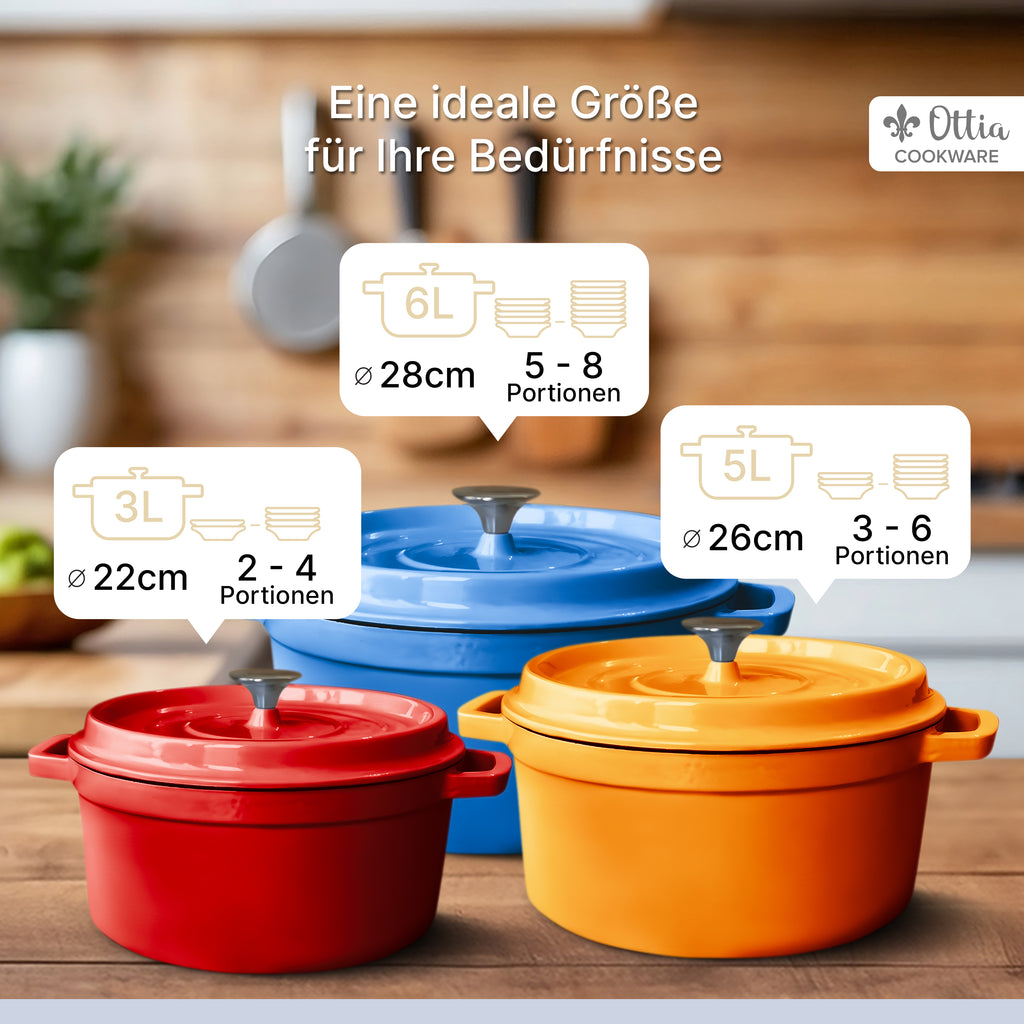 Emaillierter Gusseisen Topf, 28 cm, 6 Liter, ofenfest, Deckel mit Knauf