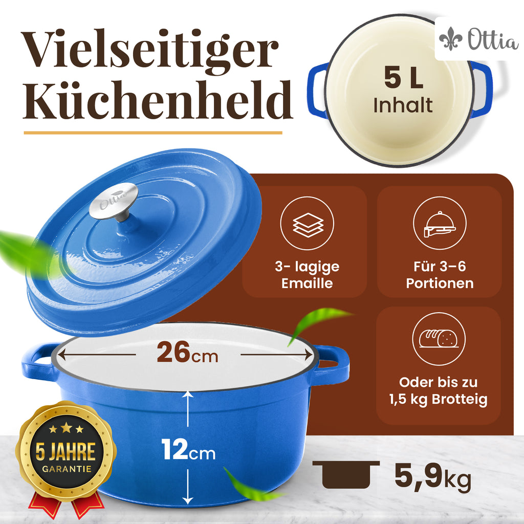 Emaillierter Gusseisen Topf, 26 cm, 5 Liter, ofenfest, Deckel mit Knauf