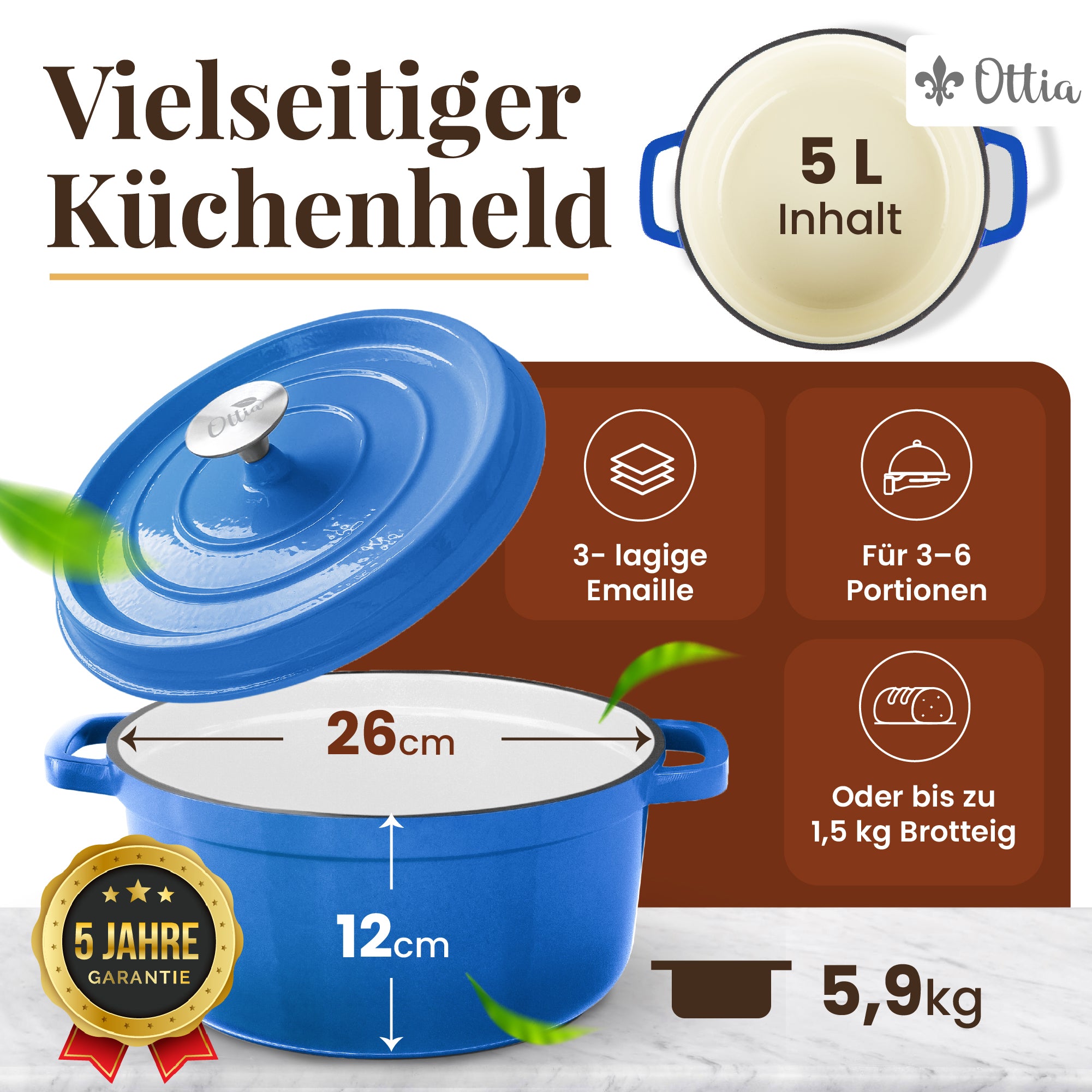 Emaillierter Gusseisen Topf, 26 cm, 5 Liter, ofenfest, Deckel mit Knauf