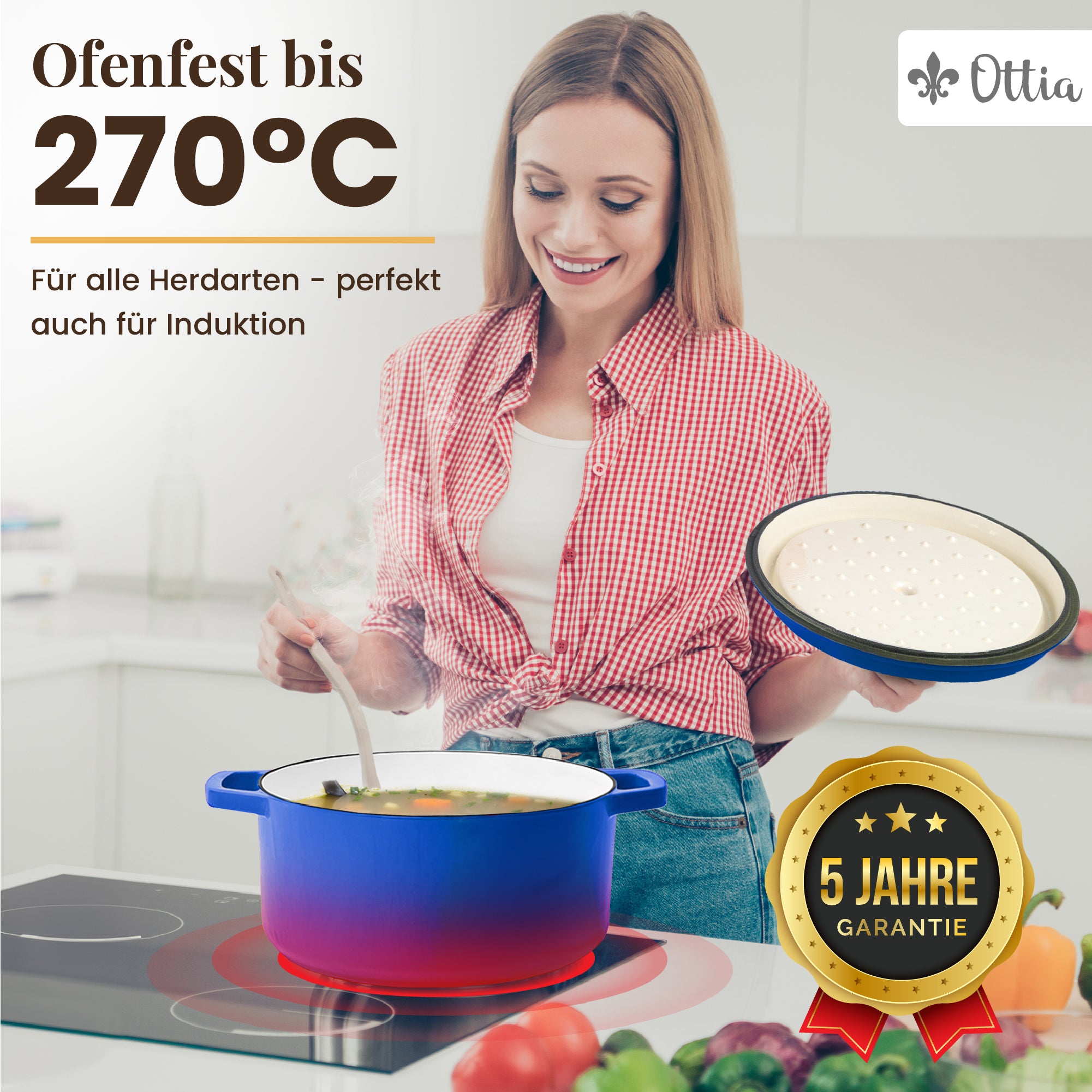 Emaillierter Gusseisen Topf, 26 cm, 5 Liter, ofenfest, Deckel mit Knauf