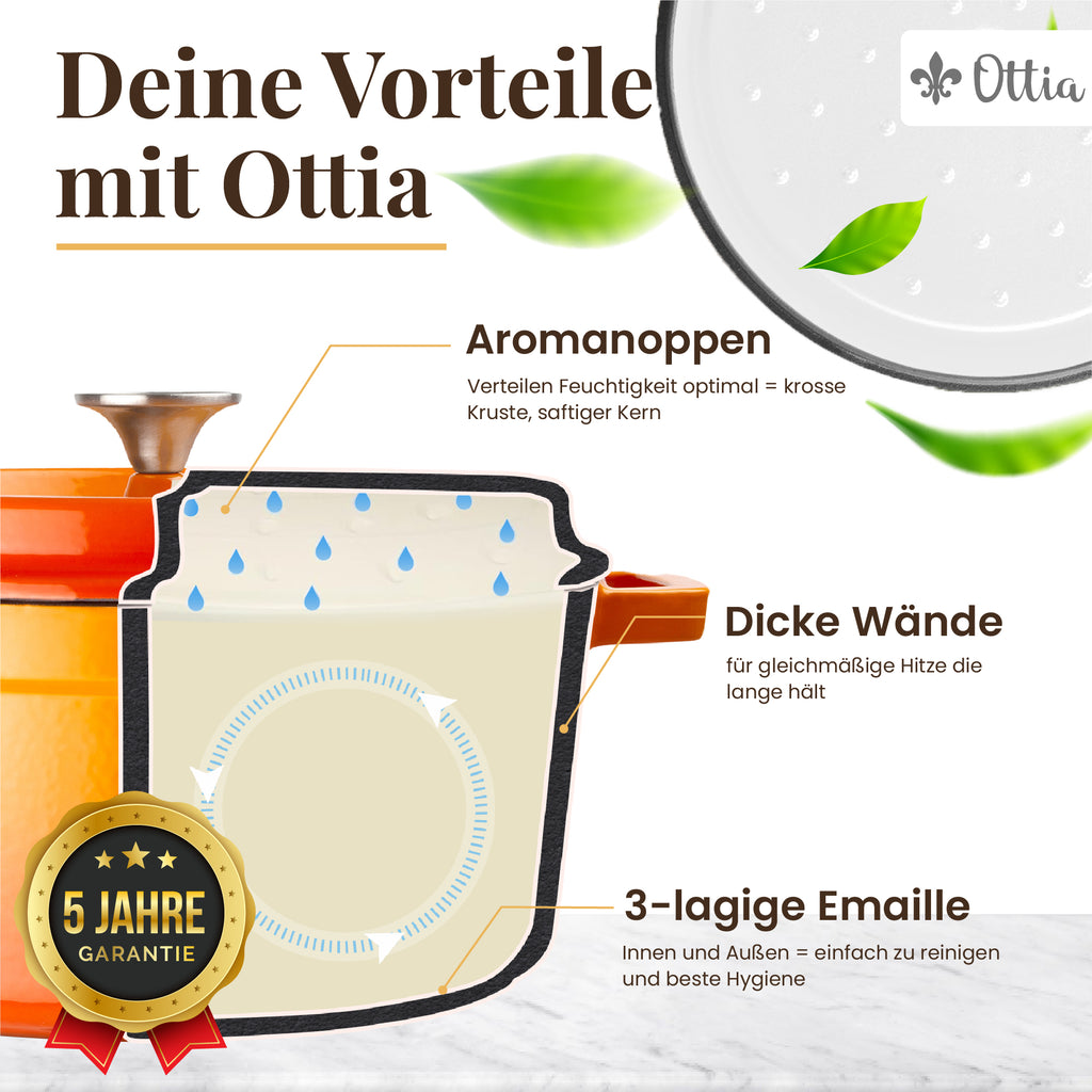 Gusseisen Topf, 26 cm, 5 Liter, mit Gärkorb. Ofenfest, Deckel mit Knauf und Aromanoppen