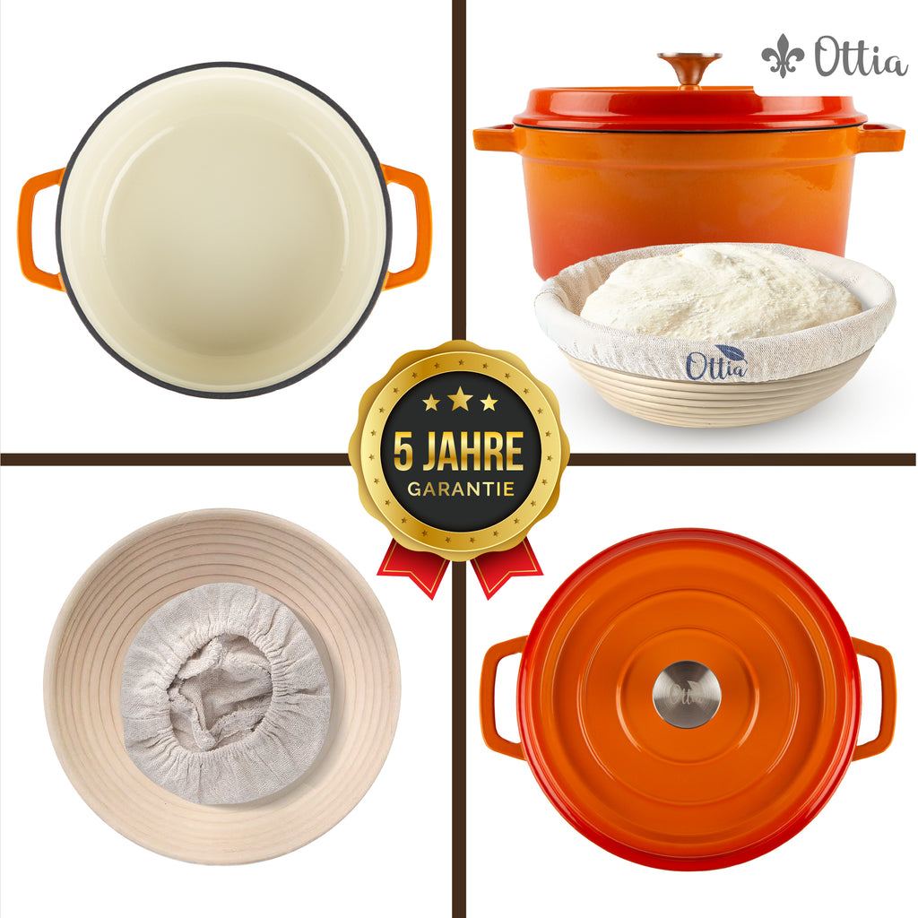 Gusseisen Topf, 26 cm, 5 Liter, mit Gärkorb. Ofenfest, Deckel mit Knauf und Aromanoppen