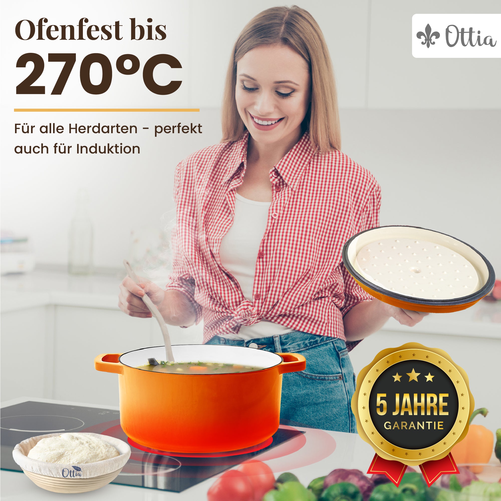 Gusseisen Topf, 26 cm, 5 Liter, mit Gärkorb. Ofenfest, Deckel mit Knauf und Aromanoppen