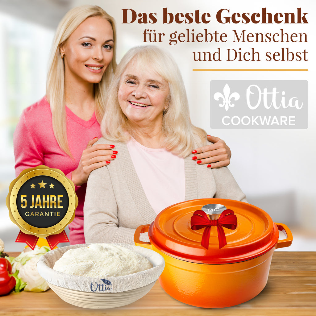 Gusseisen Topf, 26 cm, 5 Liter, mit Gärkorb. Ofenfest, Deckel mit Knauf und Aromanoppen