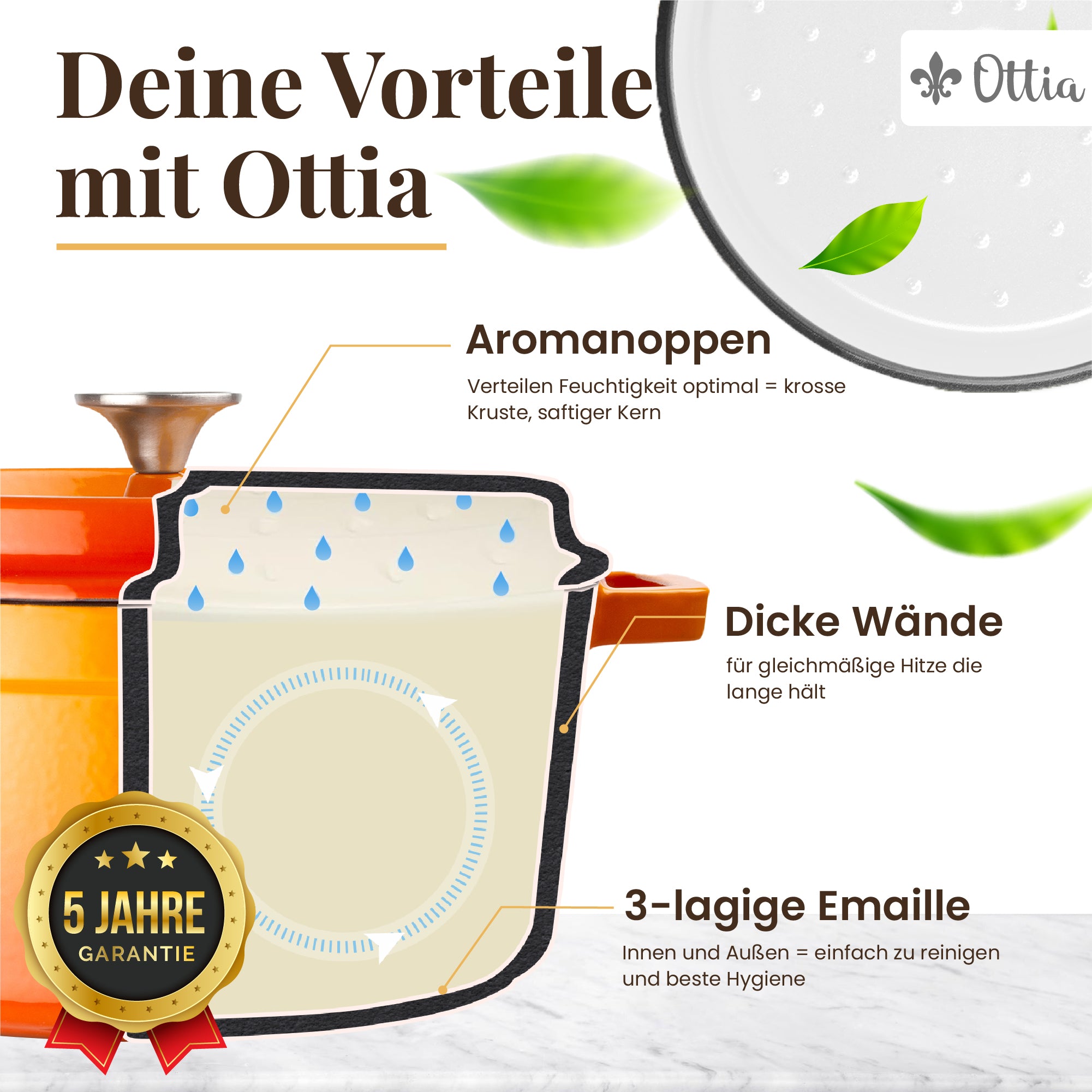 Emaillierter Gusseisen Topf, 26 cm, 5 Liter, ofenfest, Deckel mit Knauf