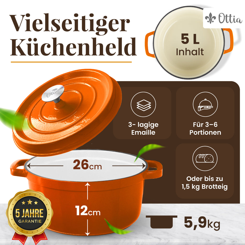 Emaillierter Gusseisen Topf, 26 cm, 5 Liter, ofenfest, Deckel mit Knauf