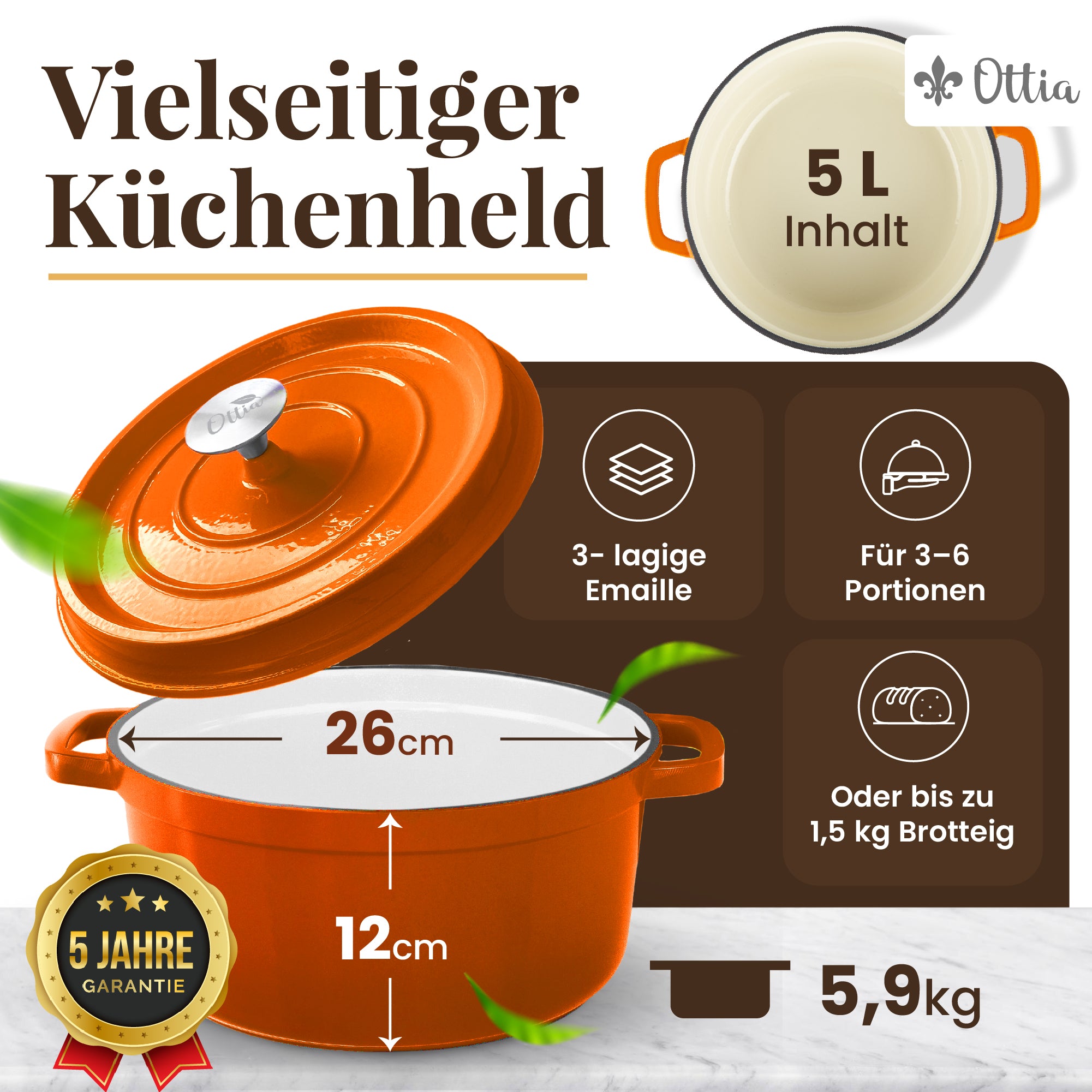 Emaillierter Gusseisen Topf, 26 cm, 5 Liter, ofenfest, Deckel mit Knauf