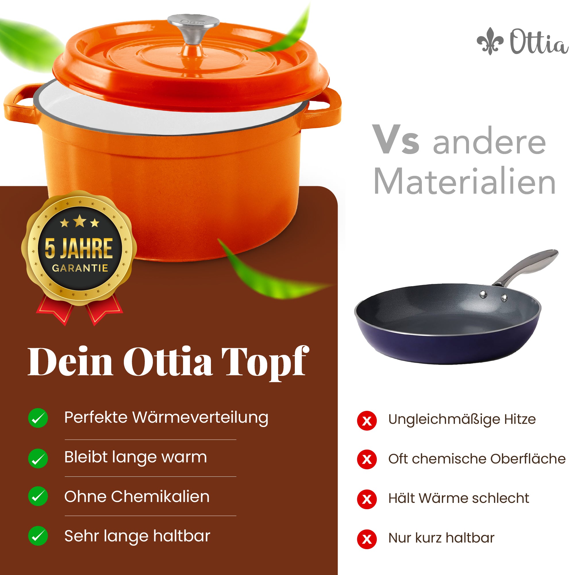 Emaillierter Gusseisen Topf, 26 cm, 5 Liter, ofenfest, Deckel mit Knauf