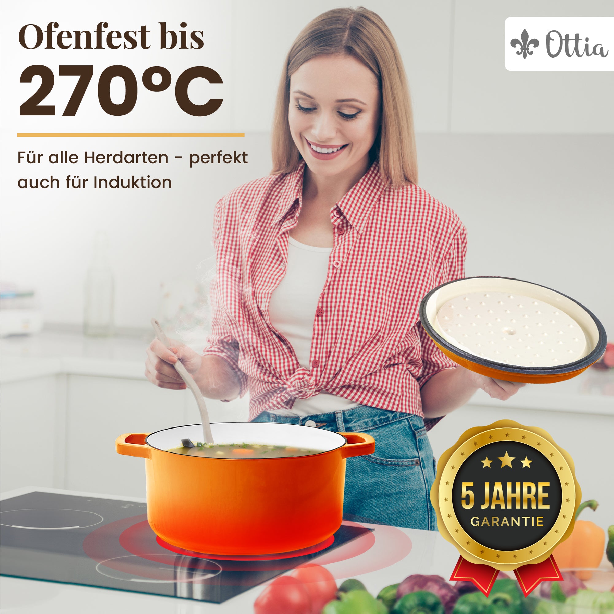 Emaillierter Gusseisen Topf, 26 cm, 5 Liter, ofenfest, Deckel mit Knauf