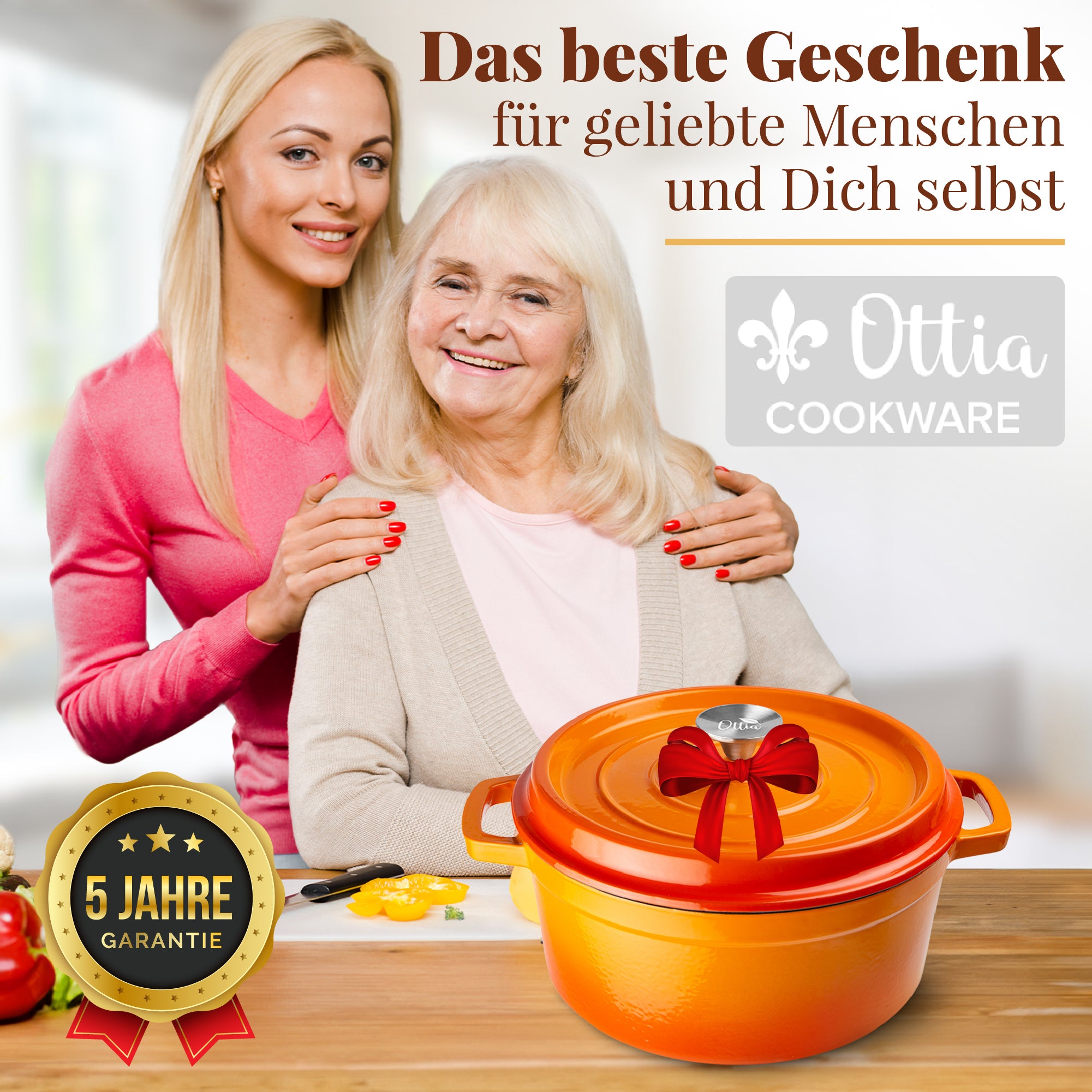 Emaillierter Gusseisen Topf, 26 cm, 5 Liter, ofenfest, Deckel mit Knauf