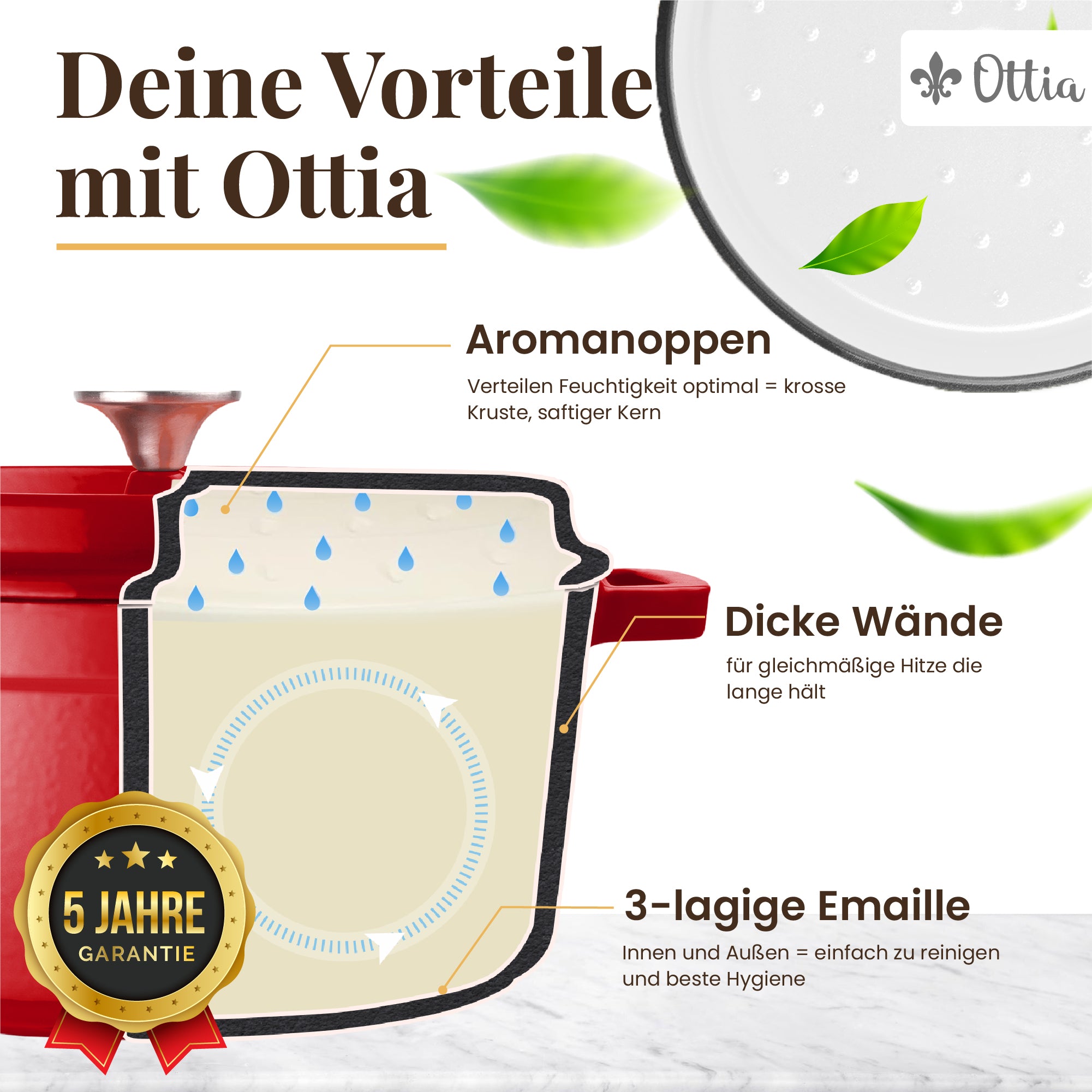 Emaillierter Gusseisen Topf, 22 cm, 3 Liter, ofenfest, Deckel mit Knauf