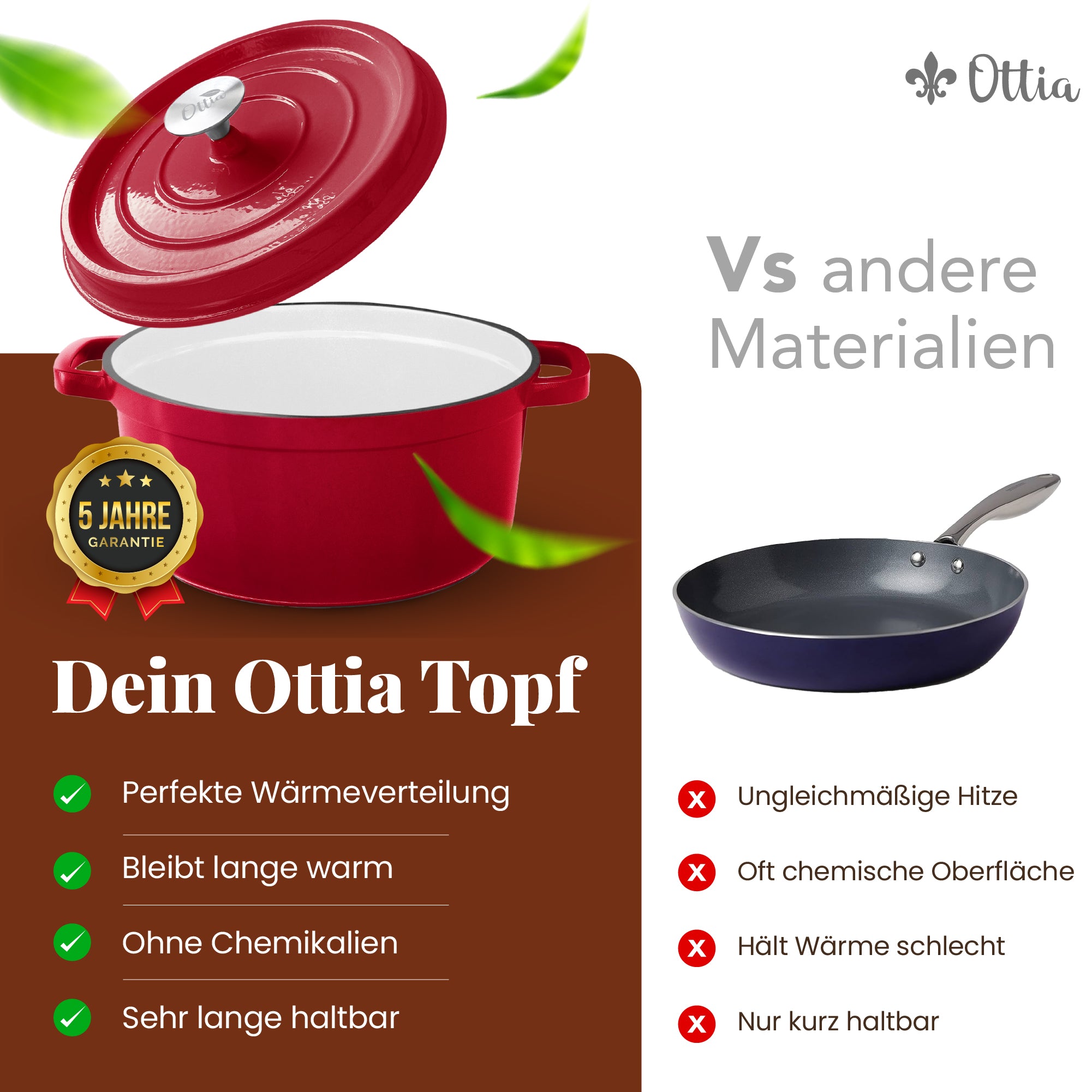 Emaillierter Gusseisen Topf, 22 cm, 3 Liter, ofenfest, Deckel mit Knauf