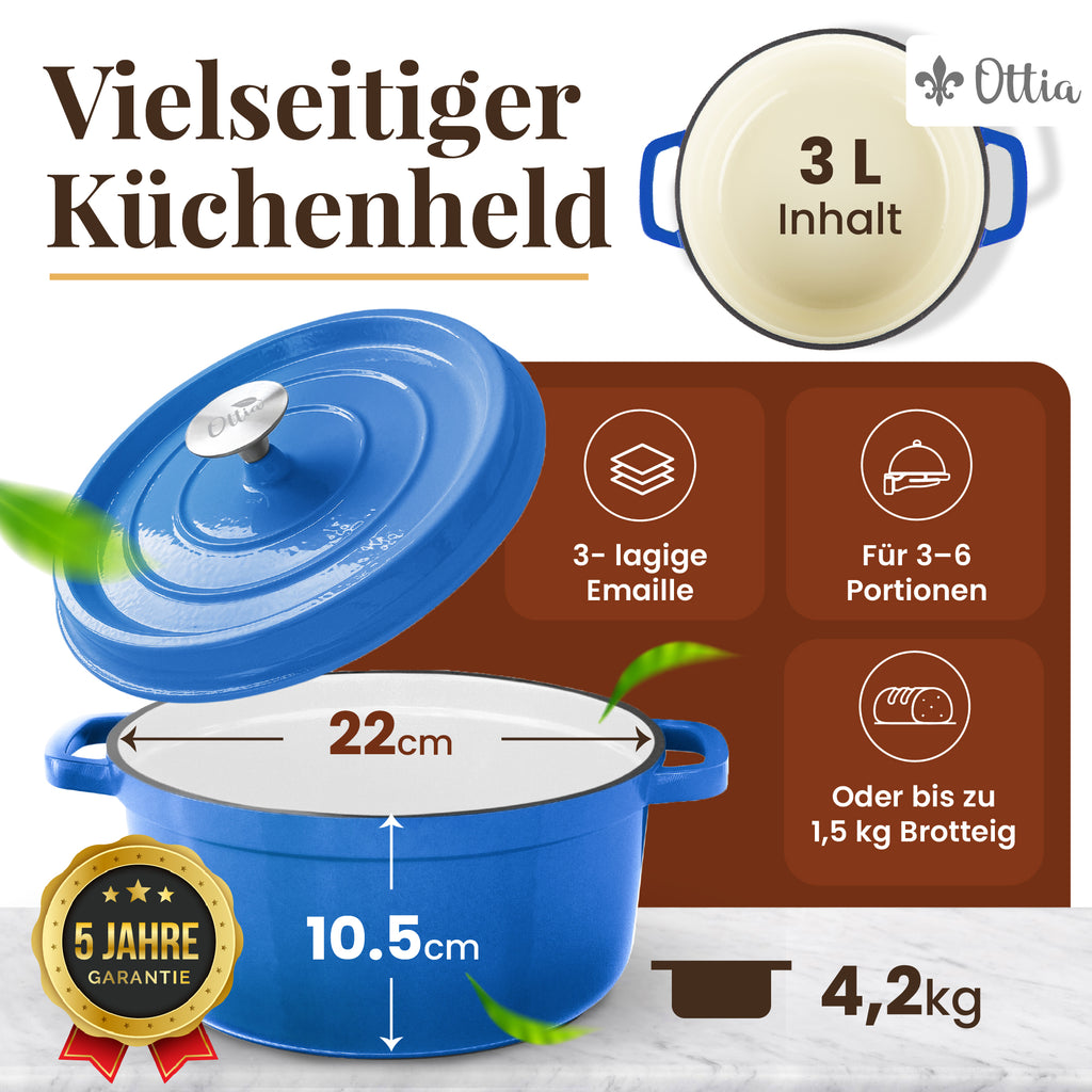 Emaillierter Gusseisen Topf, 22 cm, 3 Liter, ofenfest, Deckel mit Knauf
