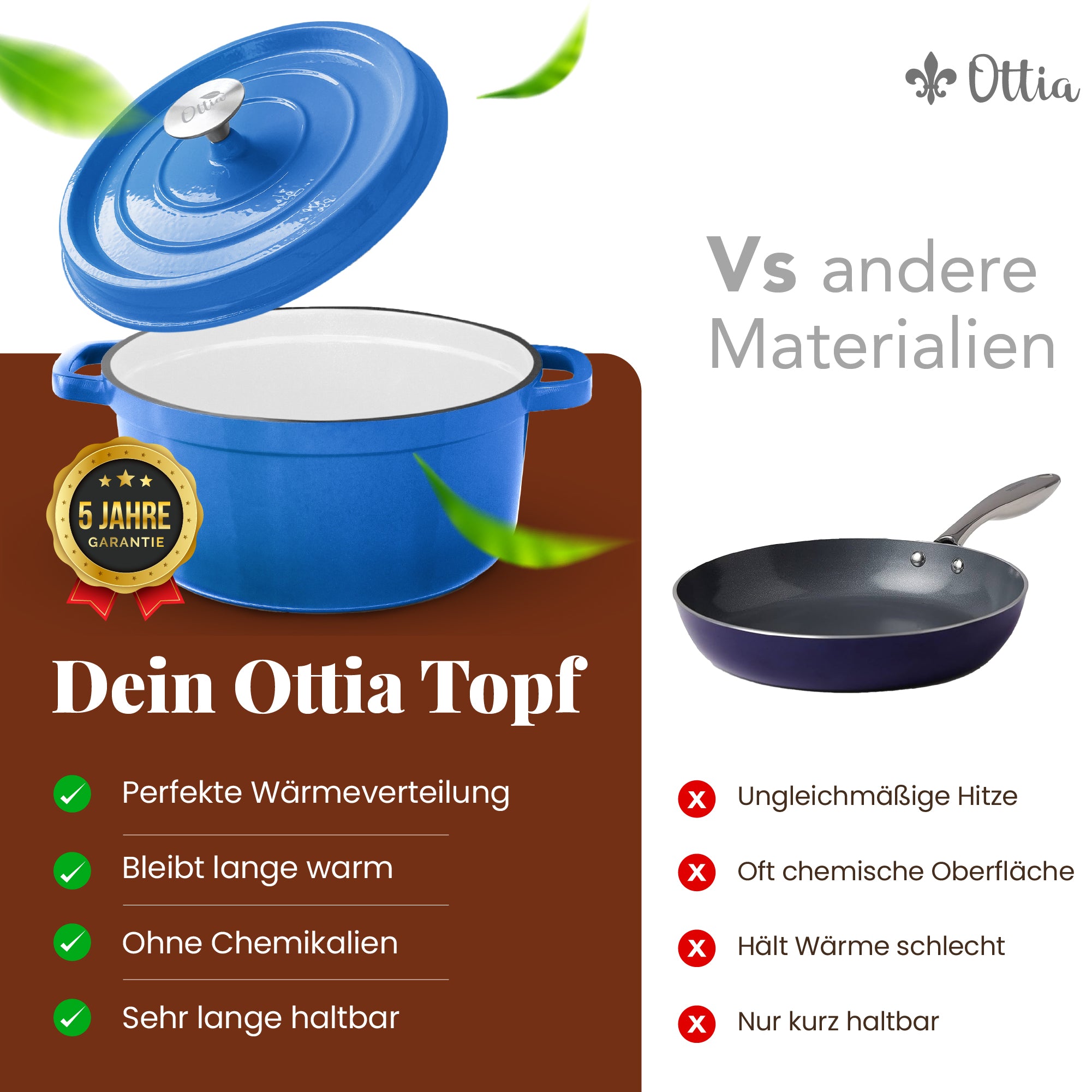 Emaillierter Gusseisen Topf, 22 cm, 3 Liter, ofenfest, Deckel mit Knauf
