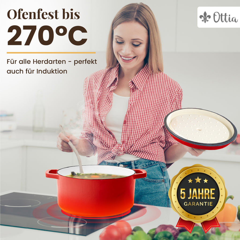 Emaillierter Gusseisen Topf, 28 cm, 6 Liter, ofenfest, Deckel mit Knauf