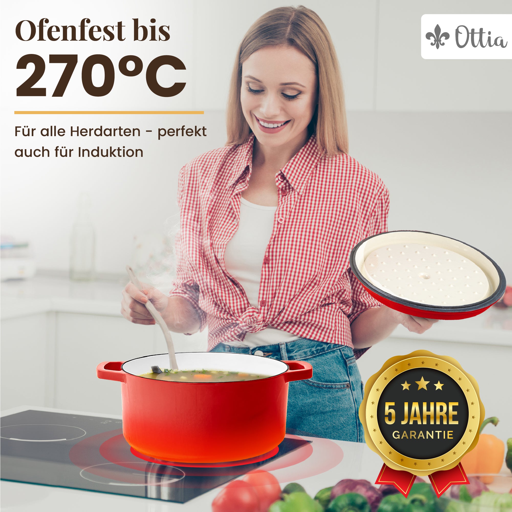 Emaillierter Gusseisen Topf, 28 cm, 6 Liter, ofenfest, Deckel mit Knauf