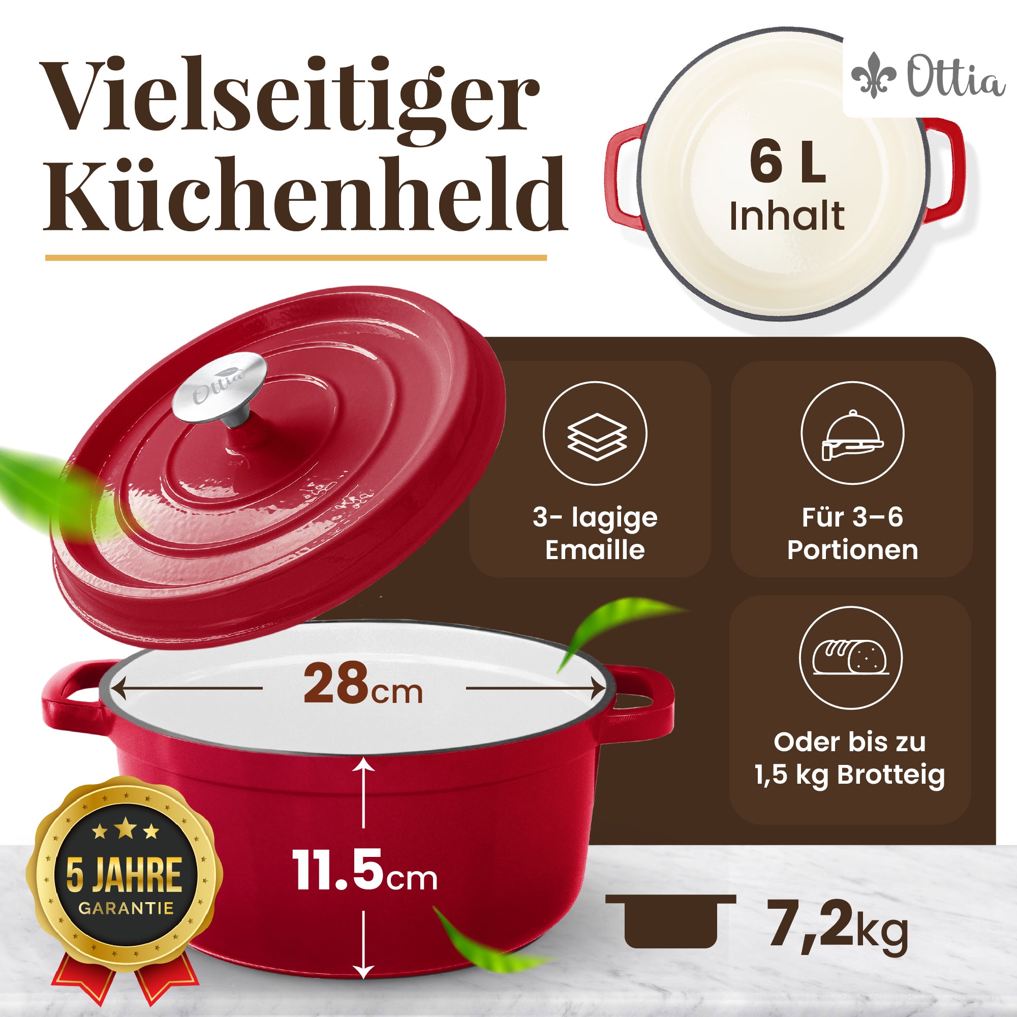 Emaillierter Gusseisen Topf, 28 cm, 6 Liter, ofenfest, Deckel mit Knauf