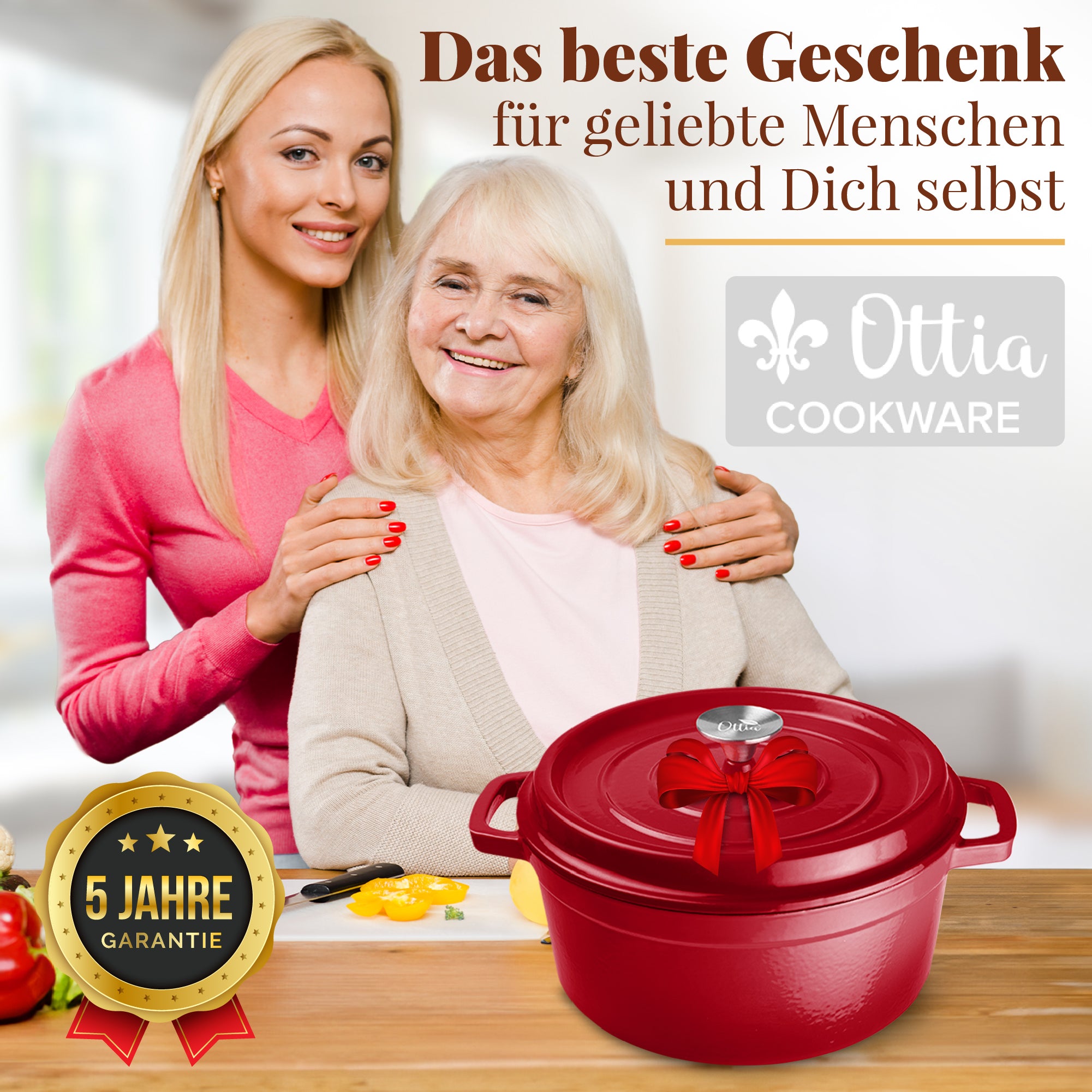 Emaillierter Gusseisen Topf, 28 cm, 6 Liter, ofenfest, Deckel mit Knauf
