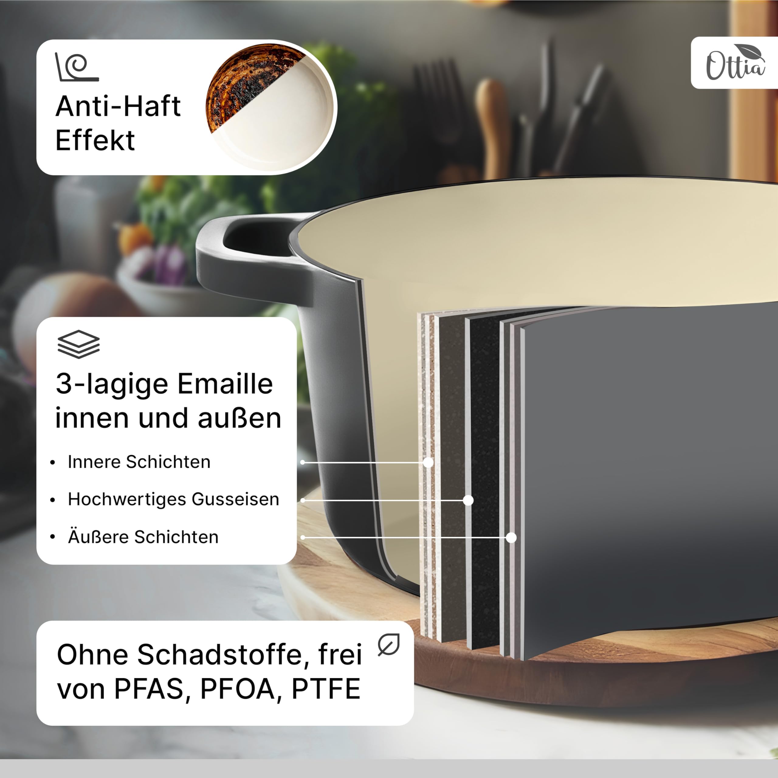 Emaillierter Gusseisen Topf, 26 cm, Deckel als Pfanne, ofenfest