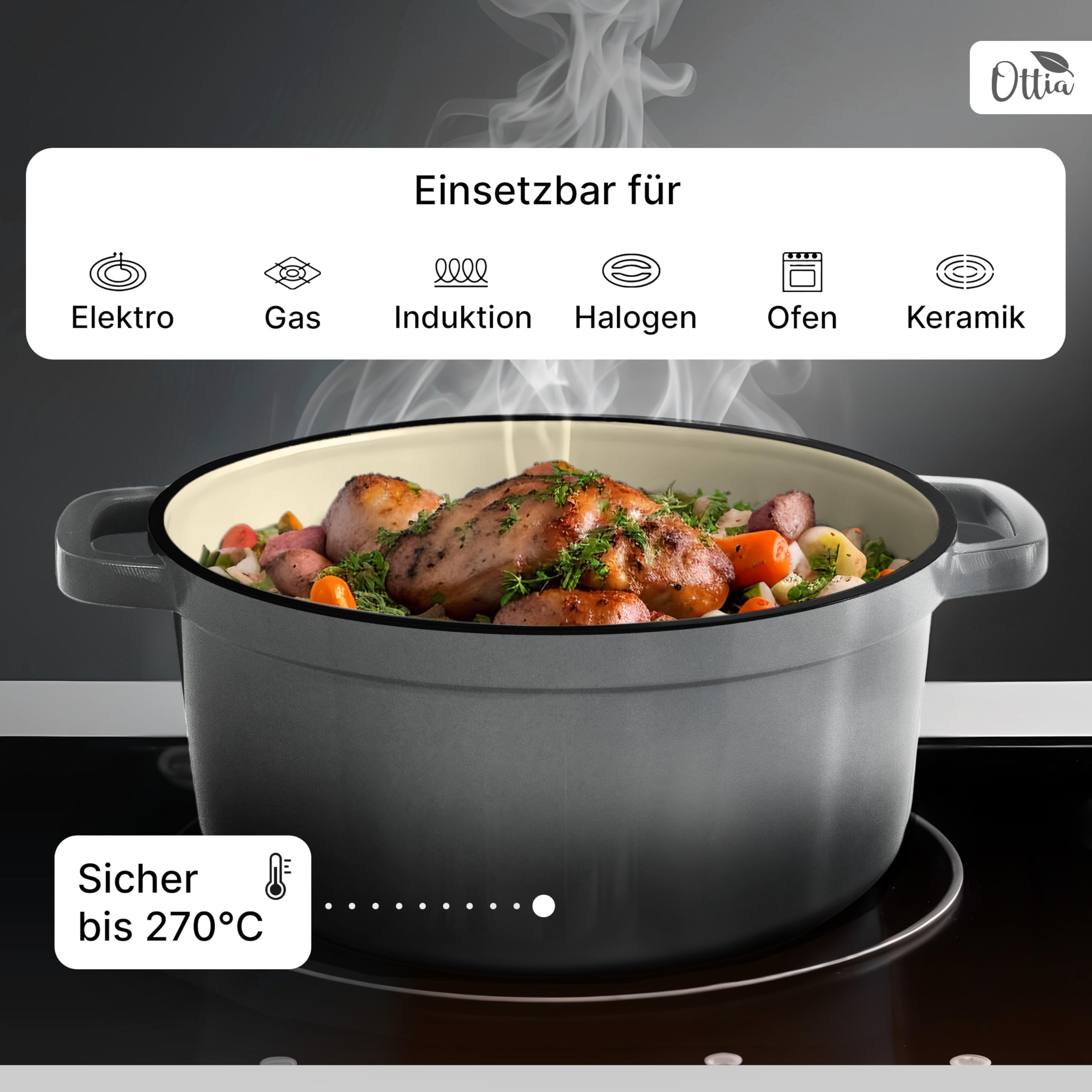 Emaillierter Gusseisen Topf, 26 cm, Deckel als Pfanne, ofenfest